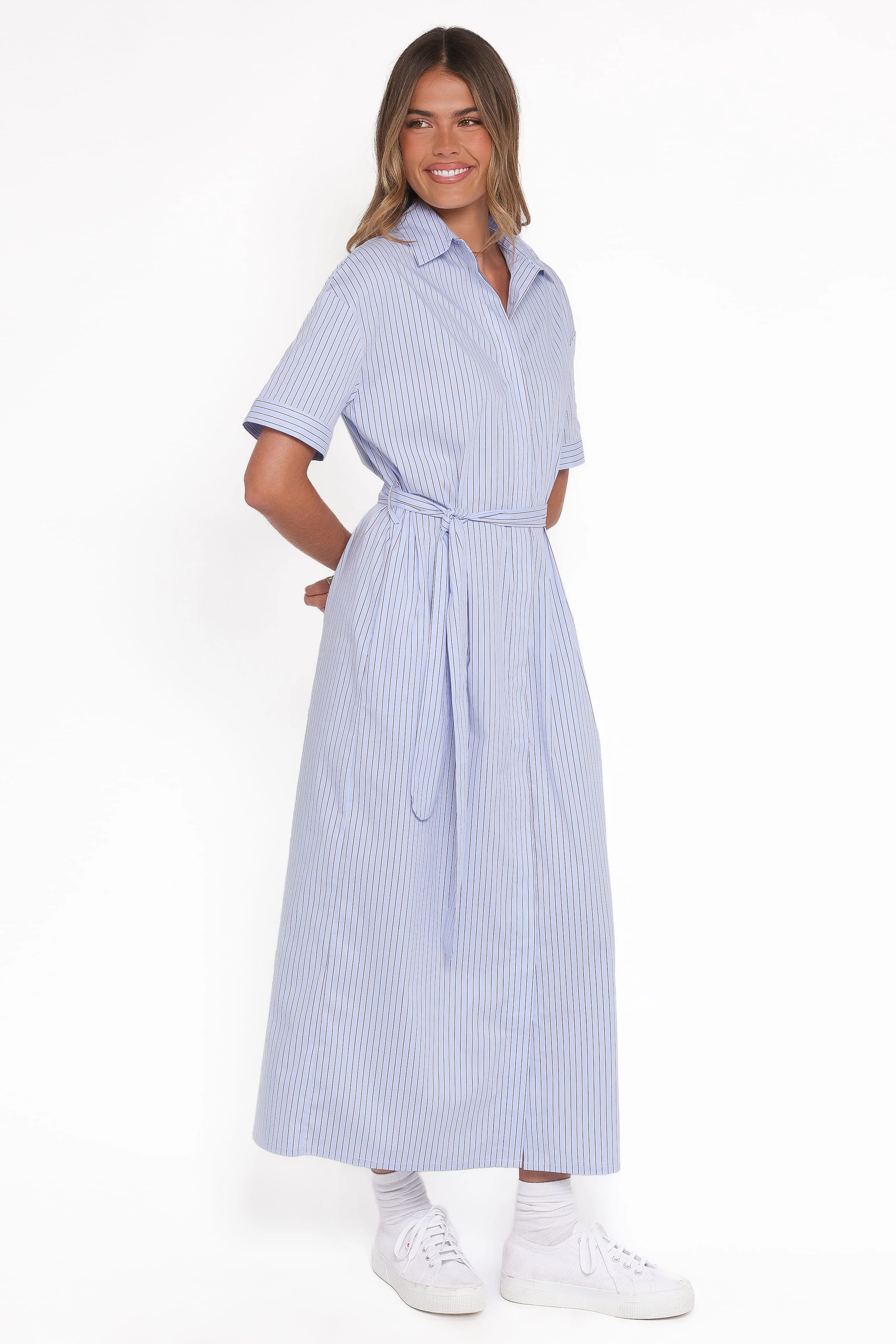 Morrison Short Sleeve Shirt Dress - Blue Brown Stripe - Image 4