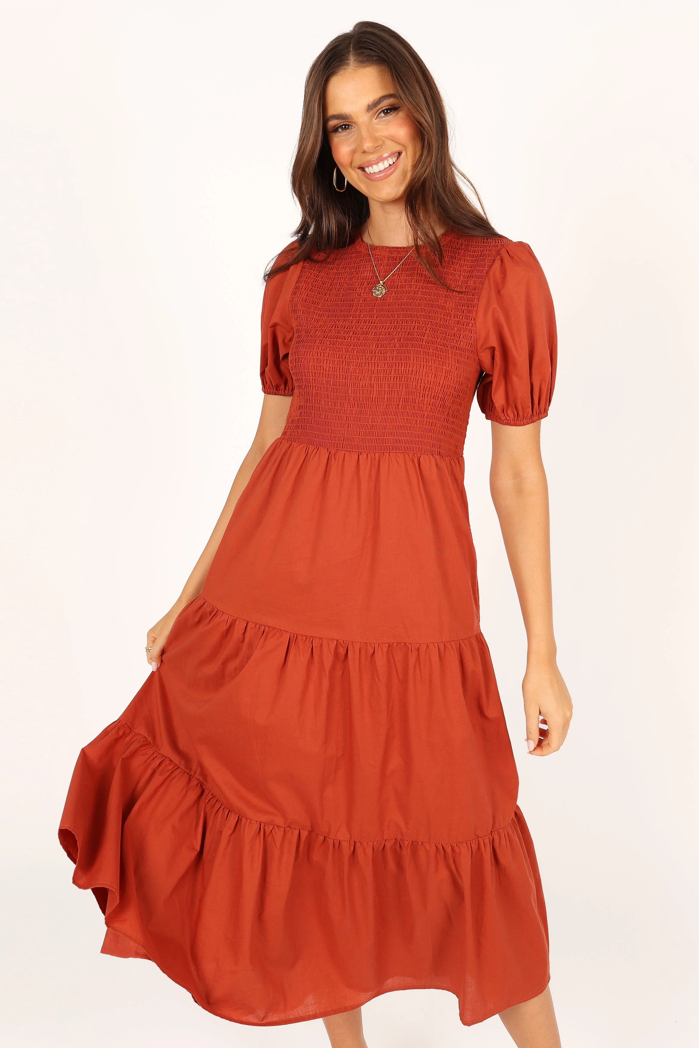 Naura Shirred Tiered Midi Dress - Rust - Image 4