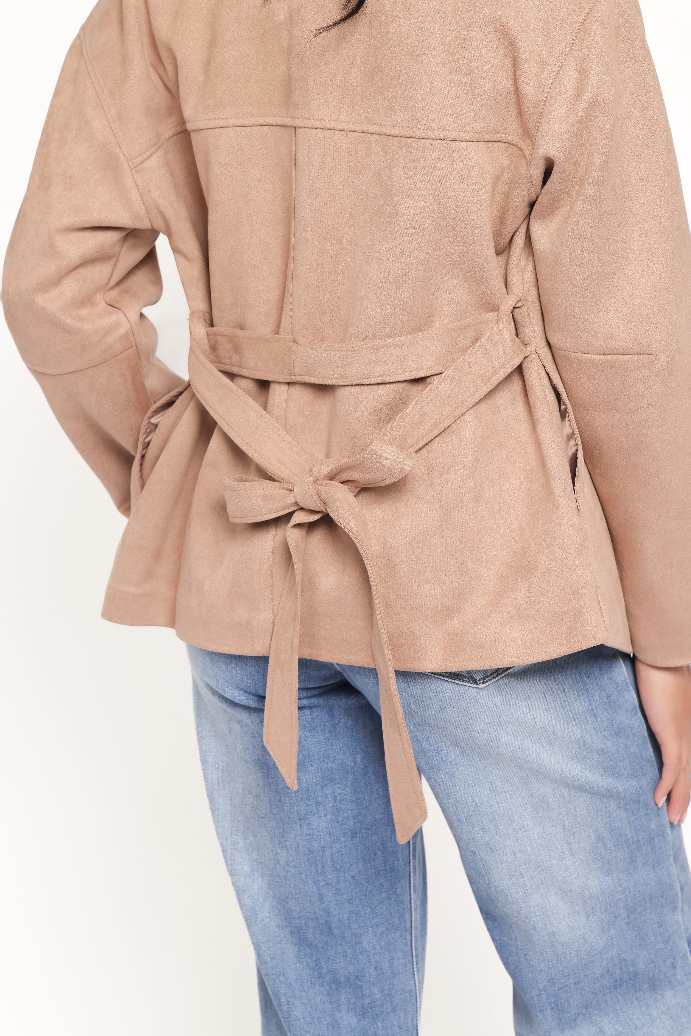 Nelly Faux Suede Cropped Trench Coat - Mushroom - Image 5