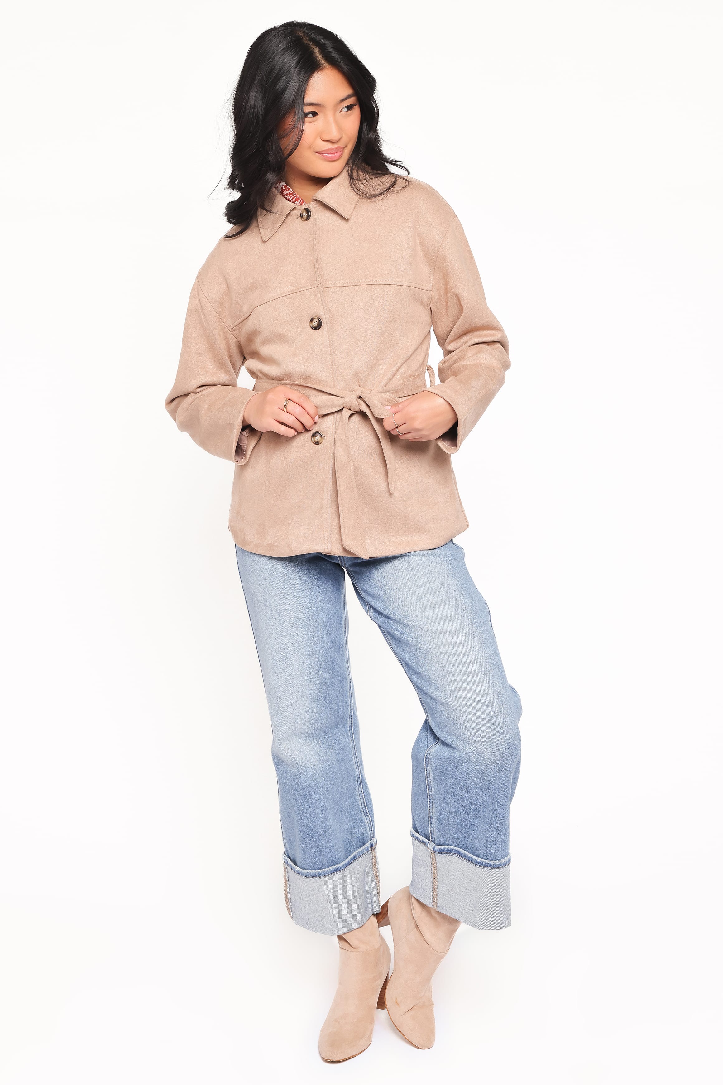 Nelly Faux Suede Cropped Trench Coat - Mushroom - Image 6