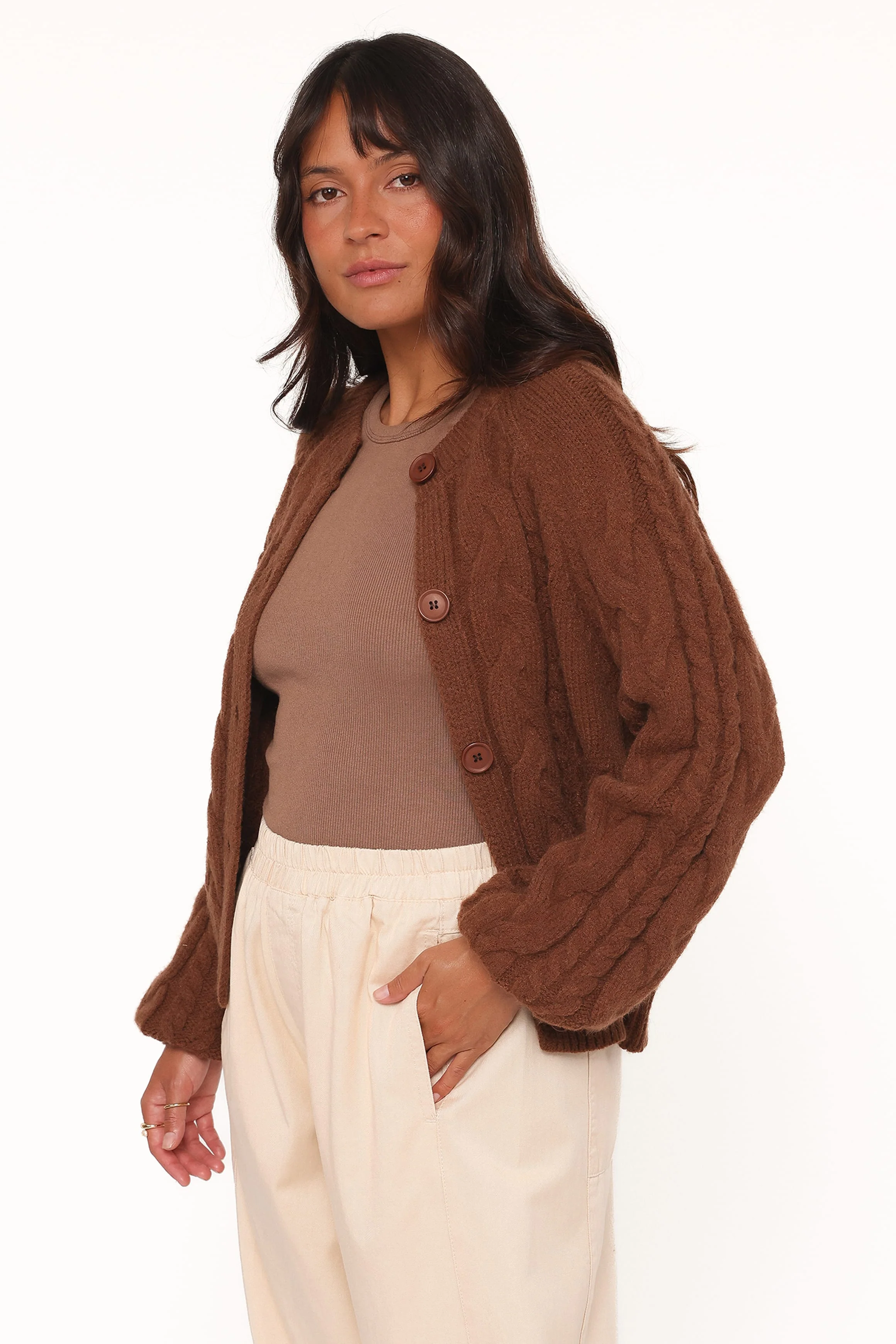 Nika Cable Knit Cardigan - Brown - Image 4