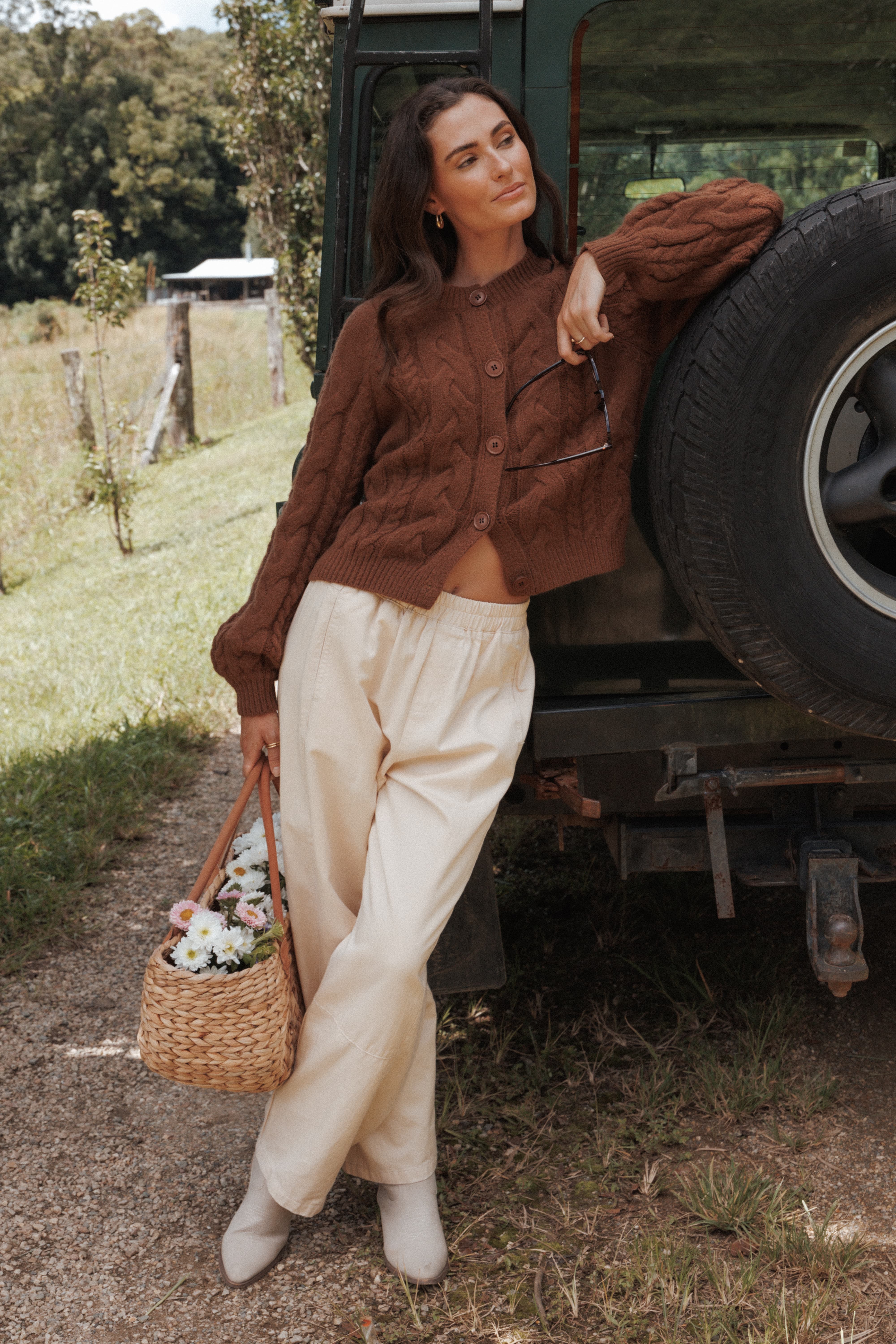 Nika Cable Knit Cardigan - Brown - Image 9