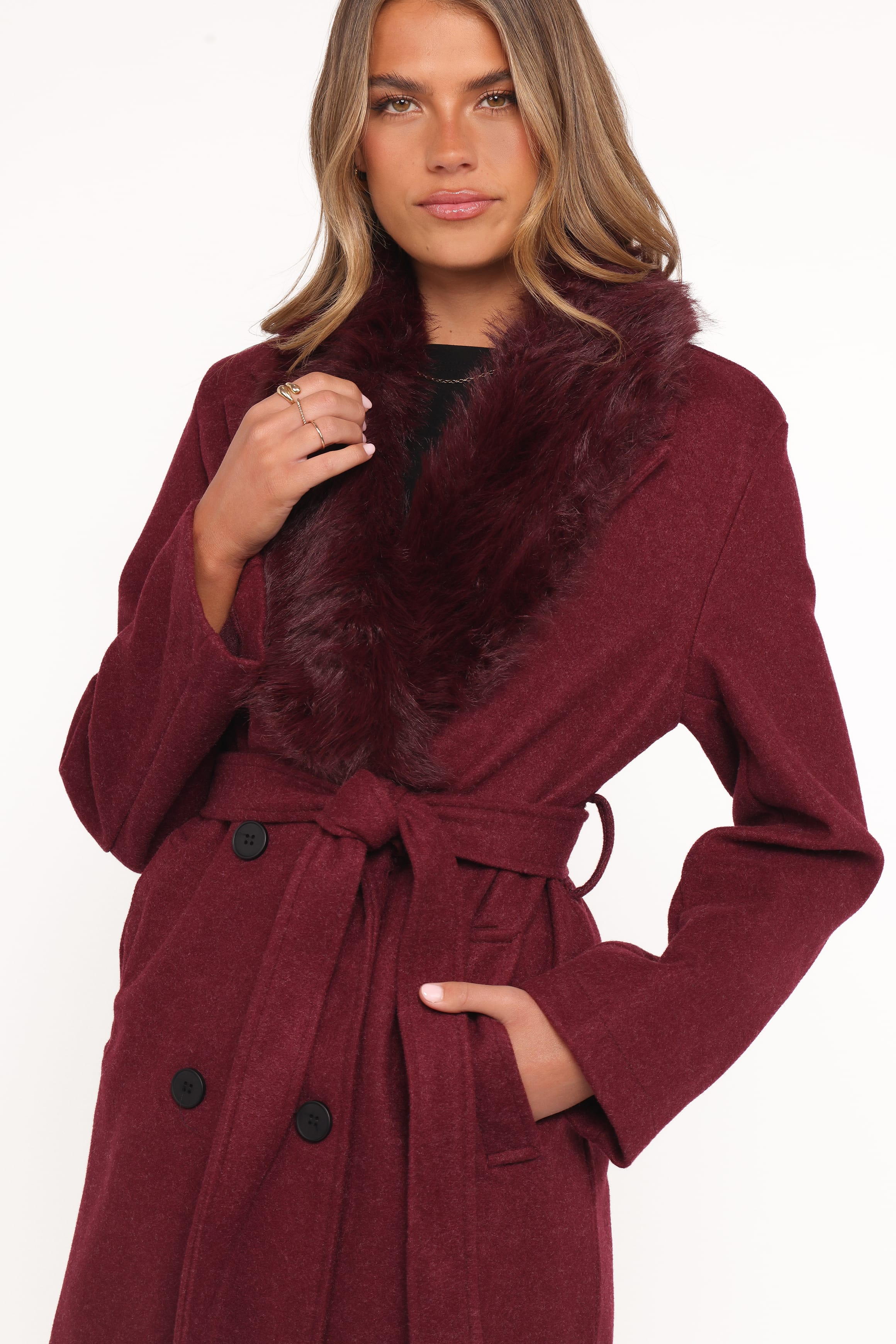 Nina Fur Collar Tie Waist Coat - Burgundy - Image 3