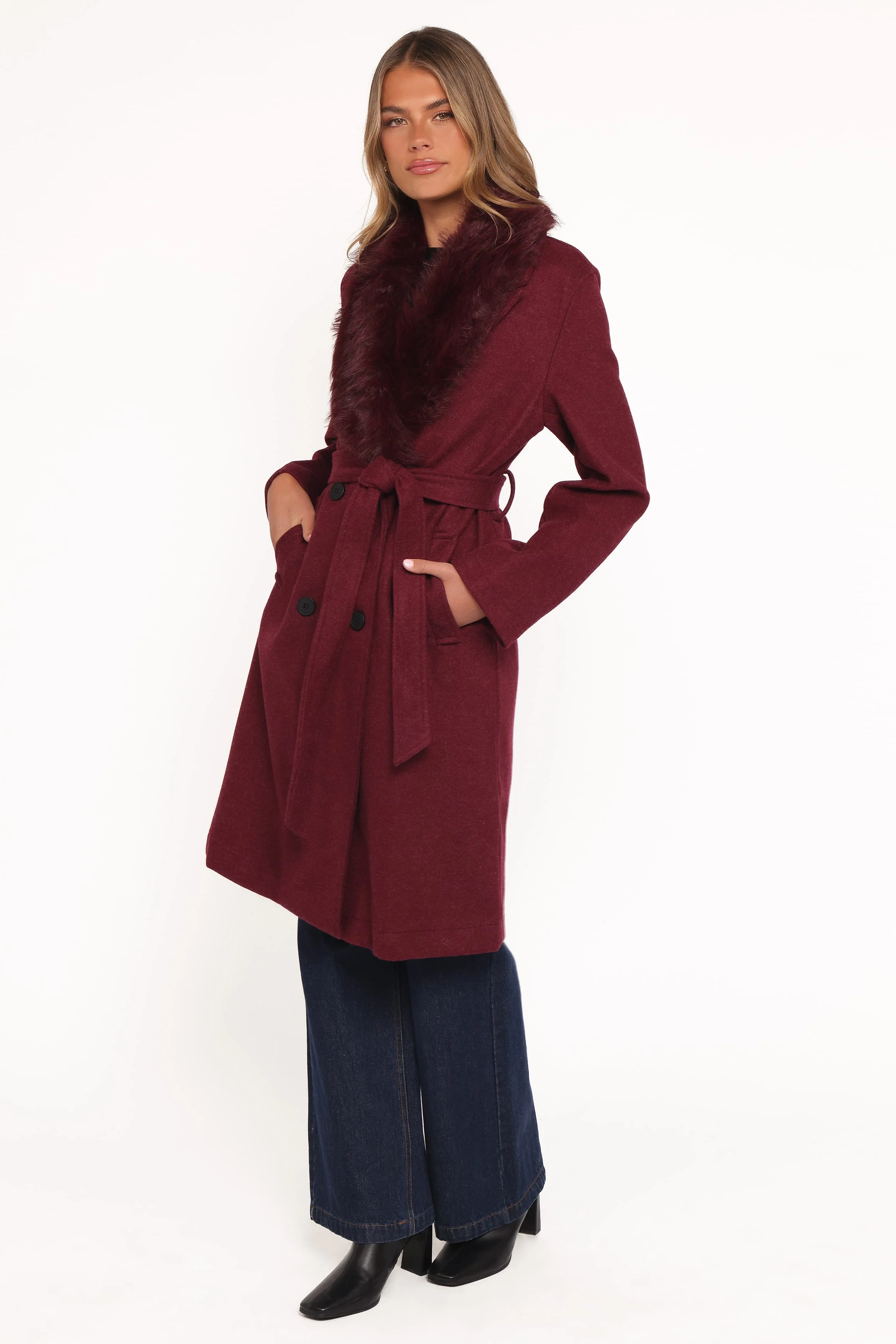 Nina Fur Collar Tie Waist Coat - Burgundy - Image 4