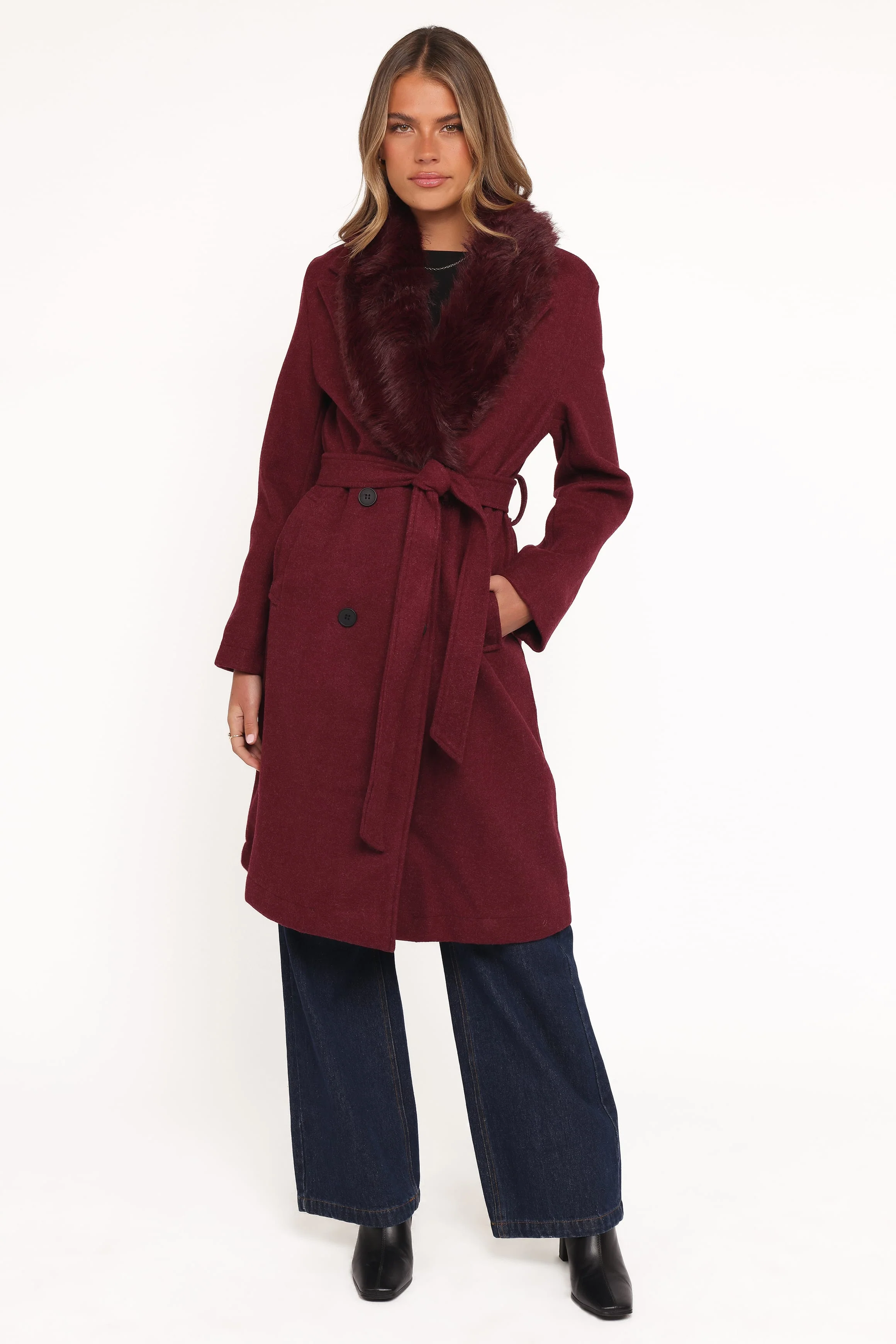 Nina Fur Collar Tie Waist Coat - Burgundy - Image 6