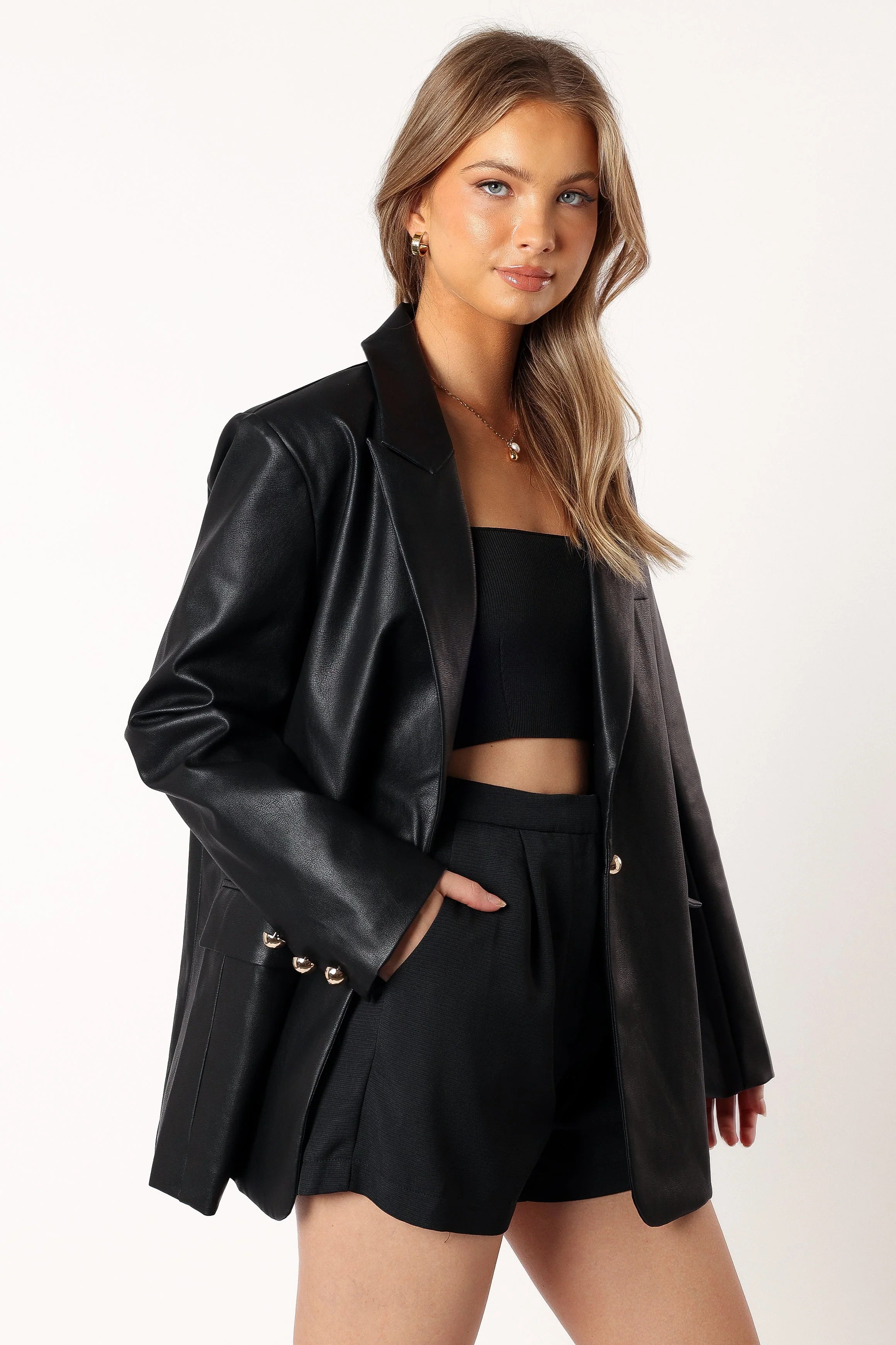 Octavia Faux Leather Blazer - Black - Image 5