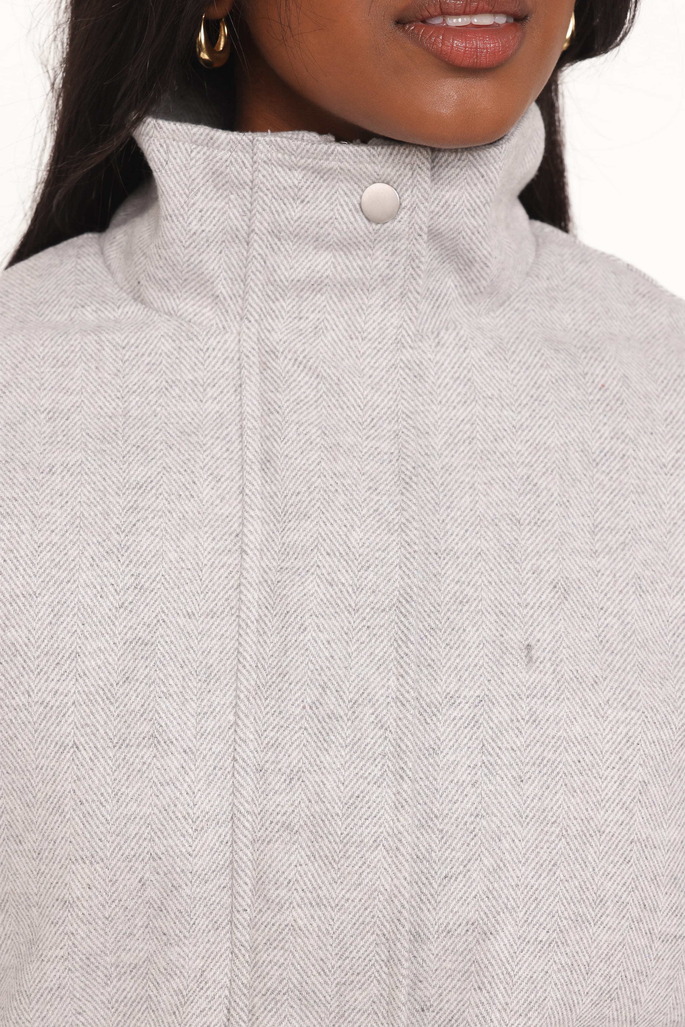 Peyton Funnel Neck Bomber Jacket - Grey Herringbone - Image 3
