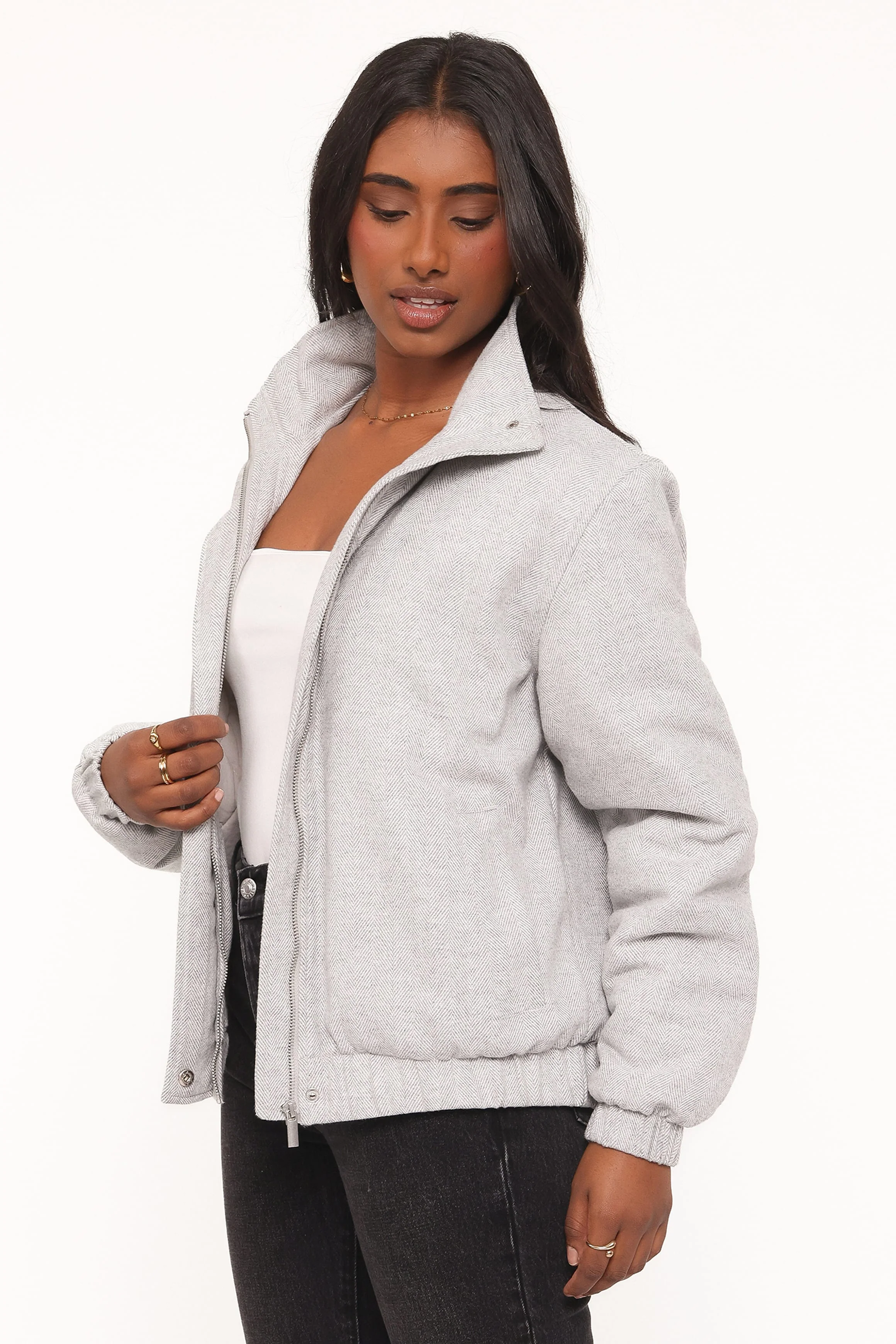 Peyton Funnel Neck Bomber Jacket - Grey Herringbone - Image 4