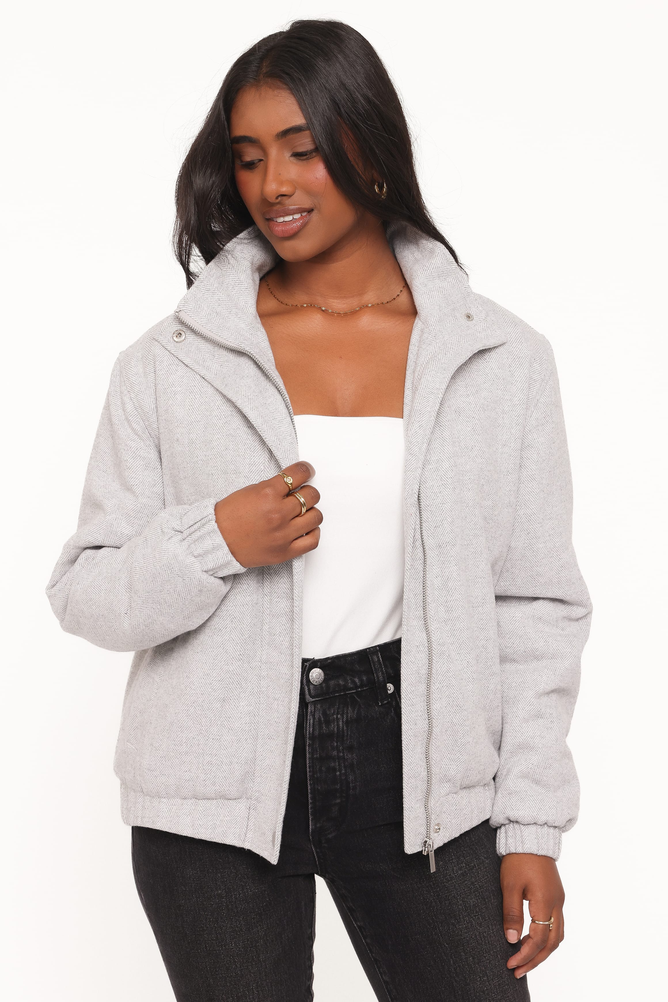 Peyton Funnel Neck Bomber Jacket - Grey Herringbone - Image 6