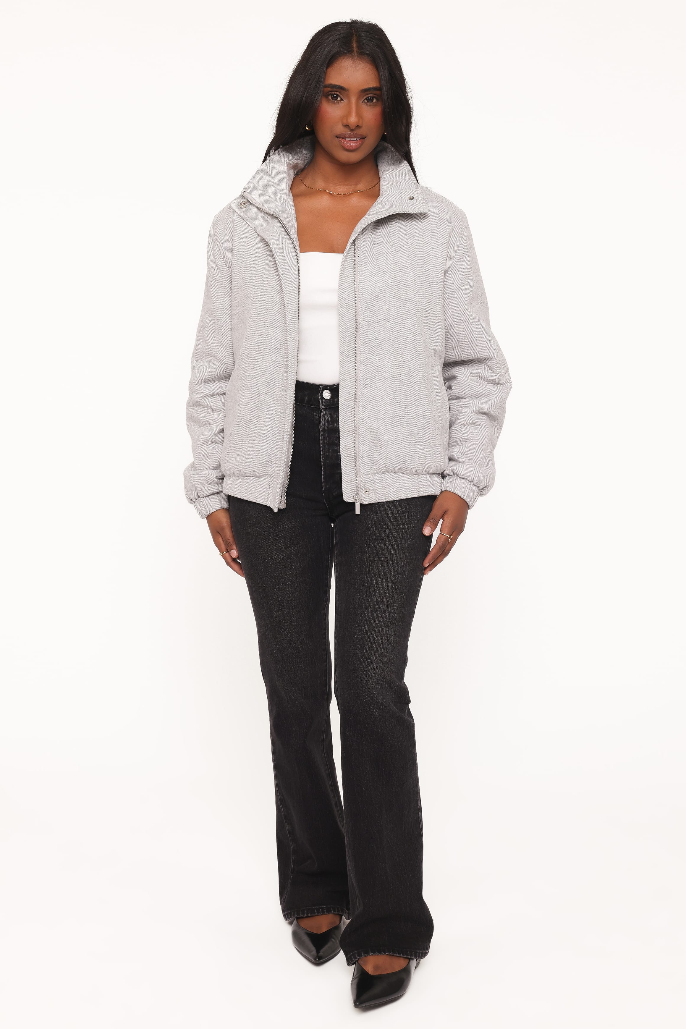 Peyton Funnel Neck Bomber Jacket - Grey Herringbone - Image 7