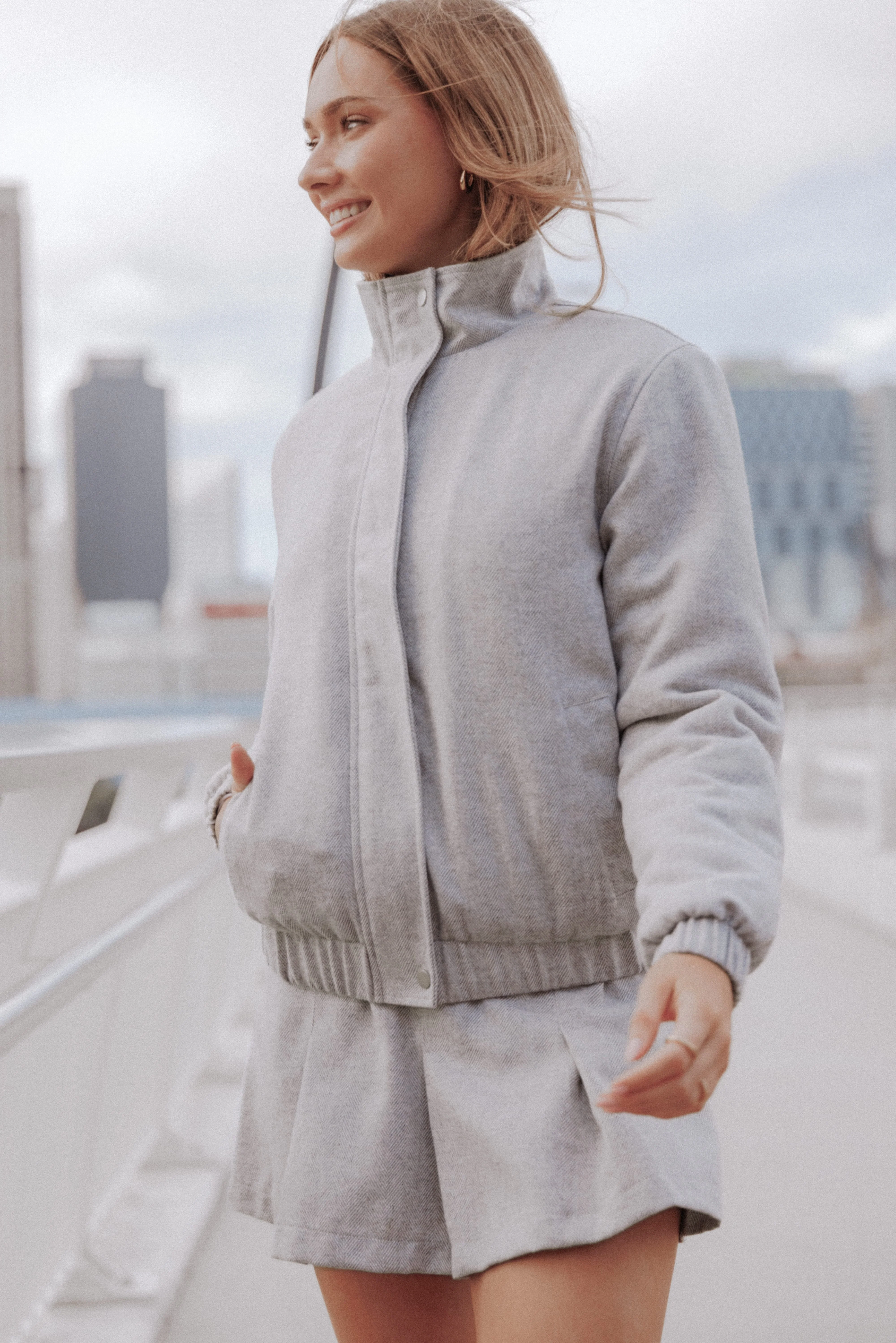 Peyton Funnel Neck Bomber Jacket - Grey Herringbone - Image 9