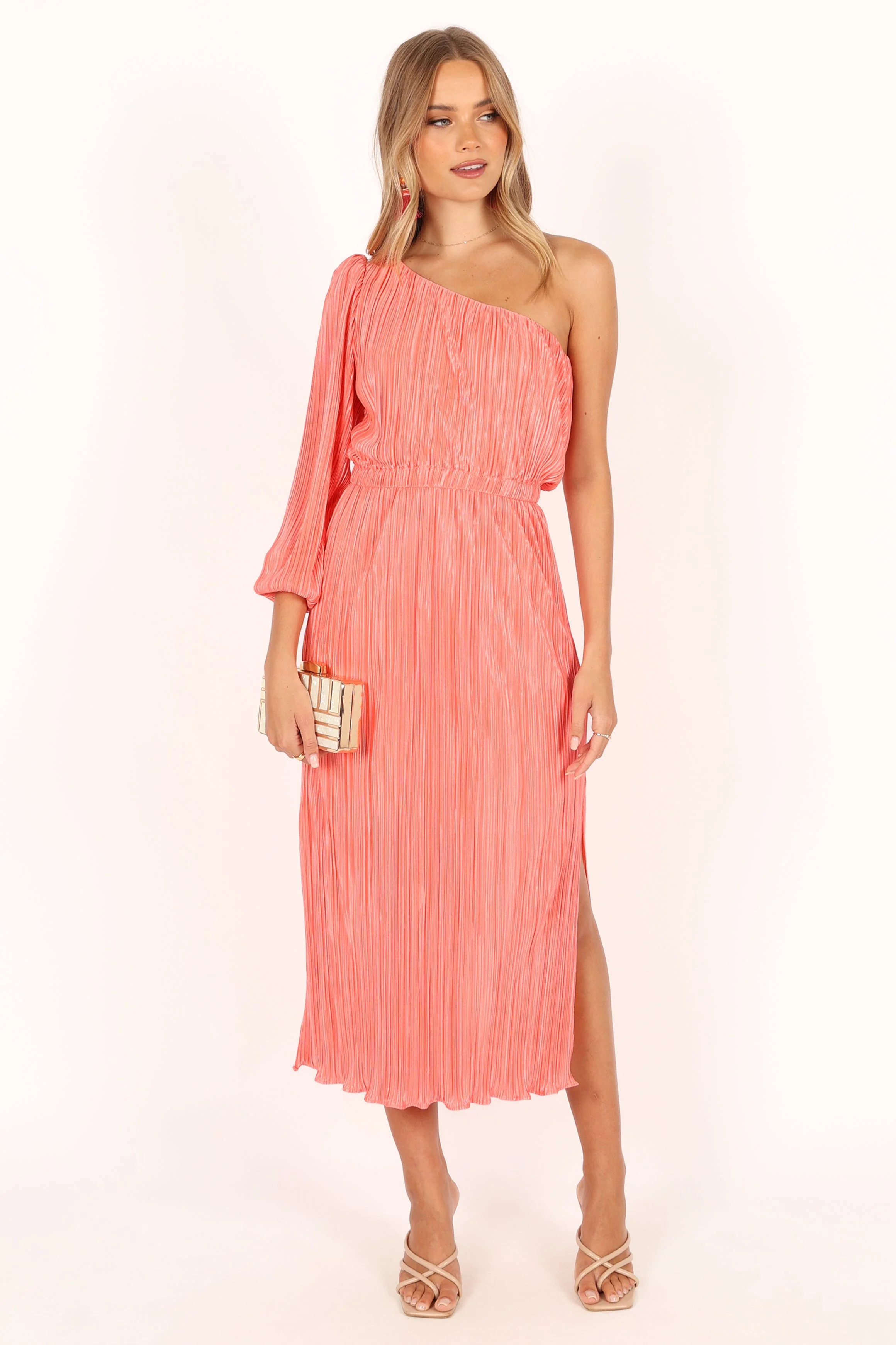 Pontee One Shoulder Pleated Midi Dress - Coral - Image 3