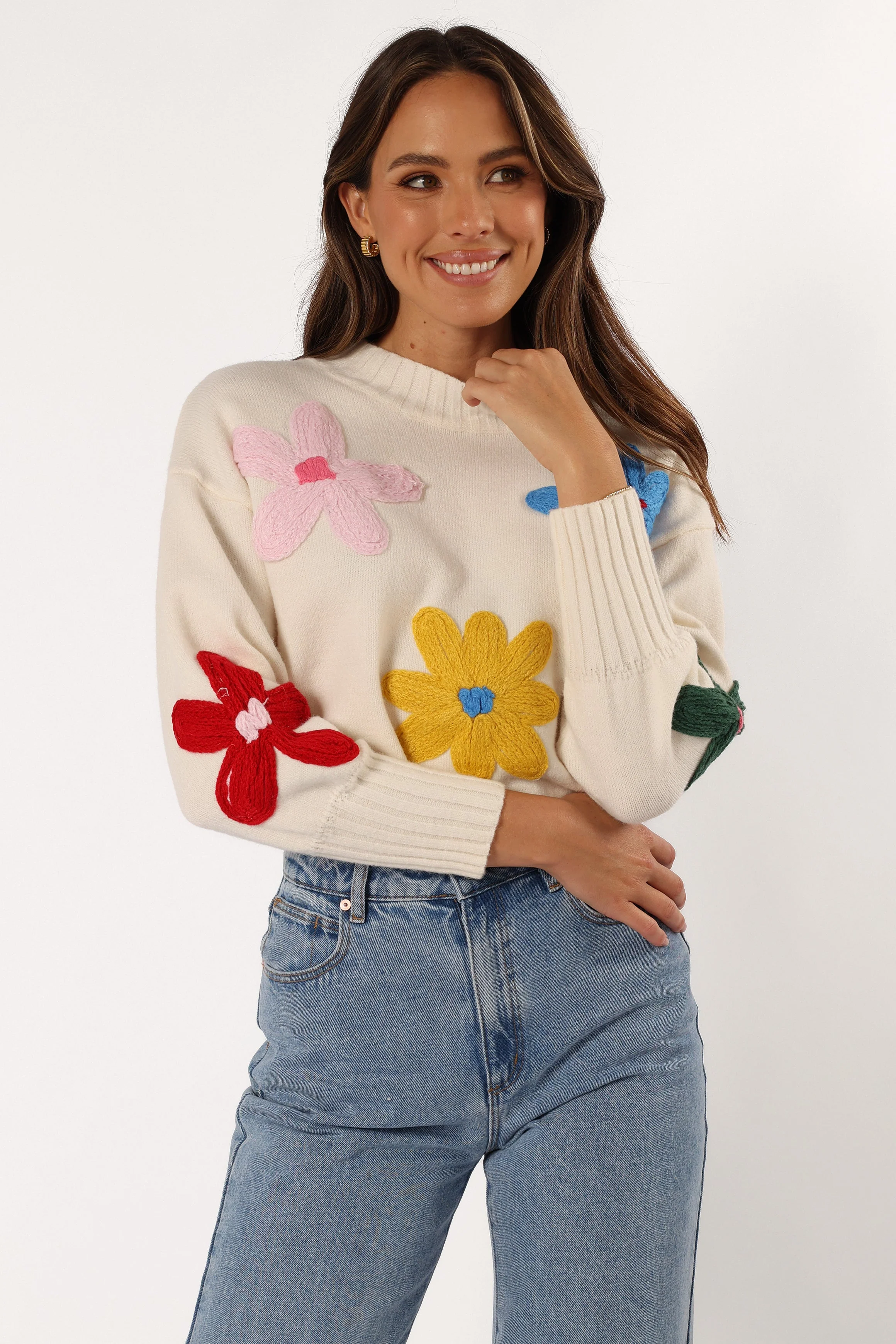 Raelynn Multi Color Flower Knit Sweater - Cream - Image 3
