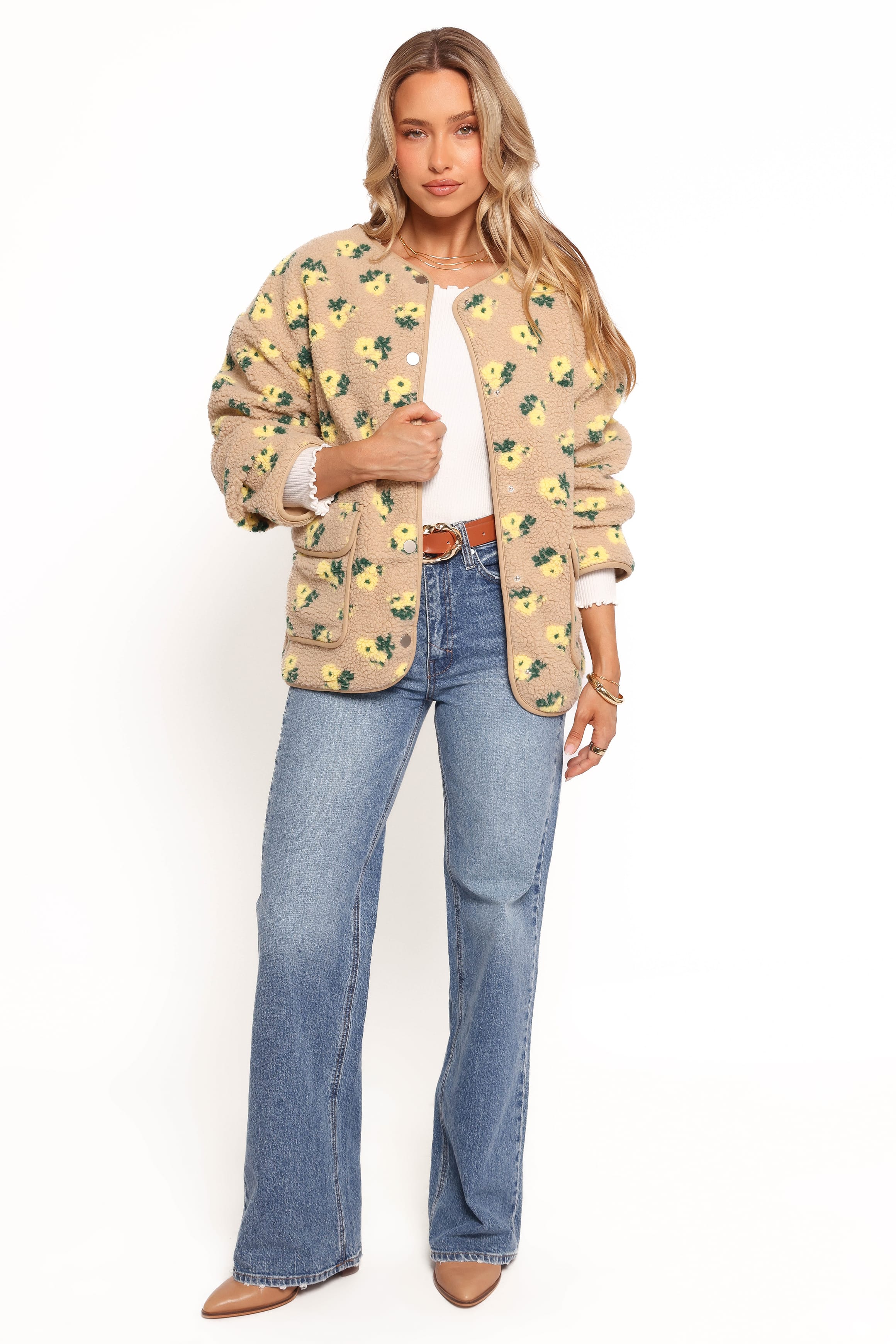 Roux Flower Print Shearling Jacket - Taupe - Image 7