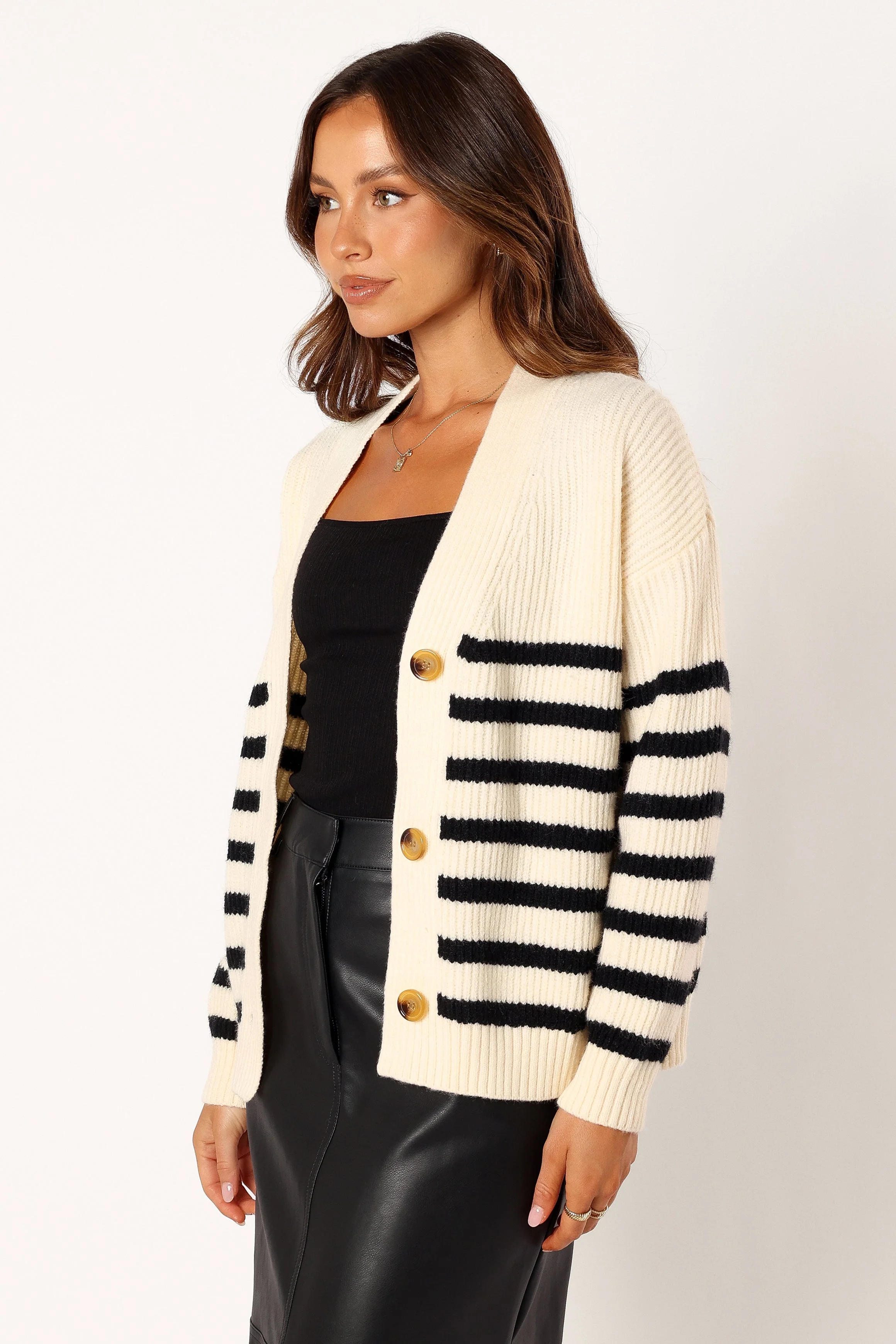 Sapphire Striped Button Front Cardigan - Beige Black - Image 2