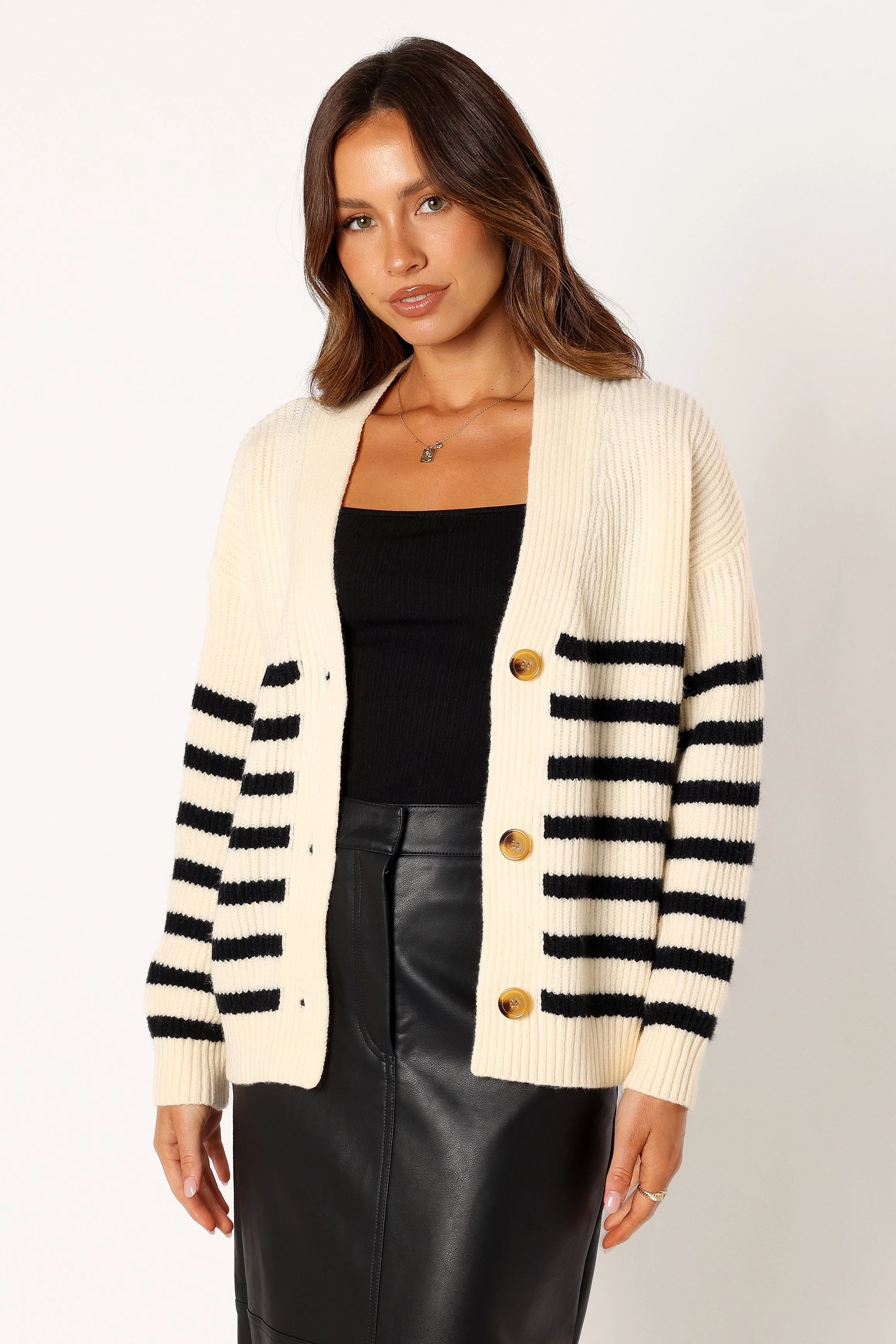 Sapphire Striped Button Front Cardigan - Beige Black - Image 5