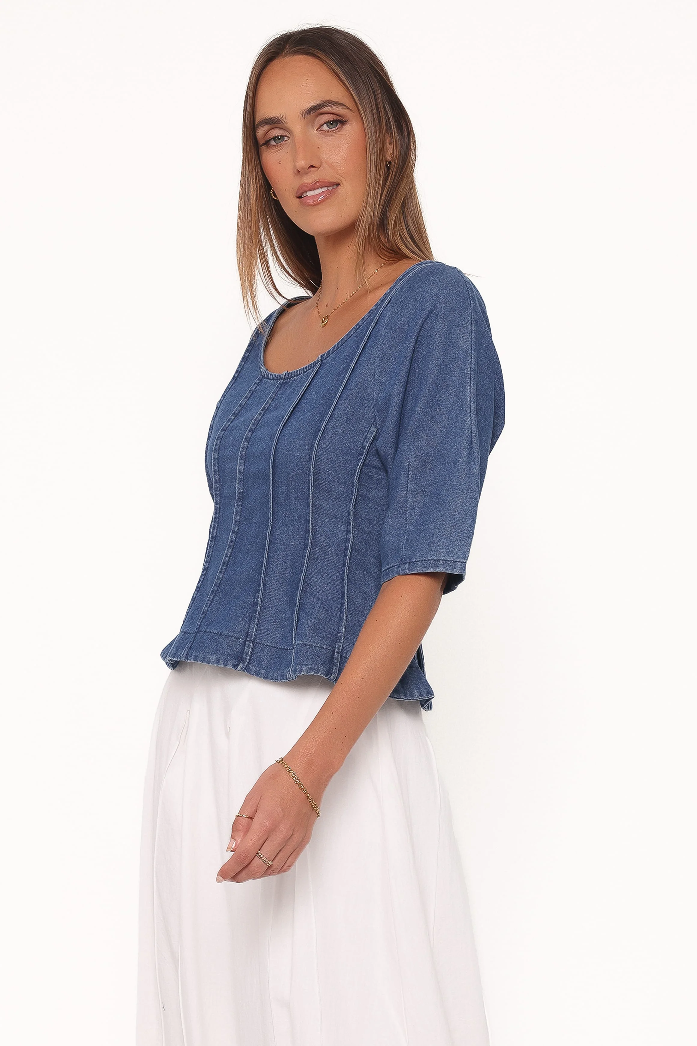 Saylor Denim Peplum Top - Blue Medium Wash - Image 3