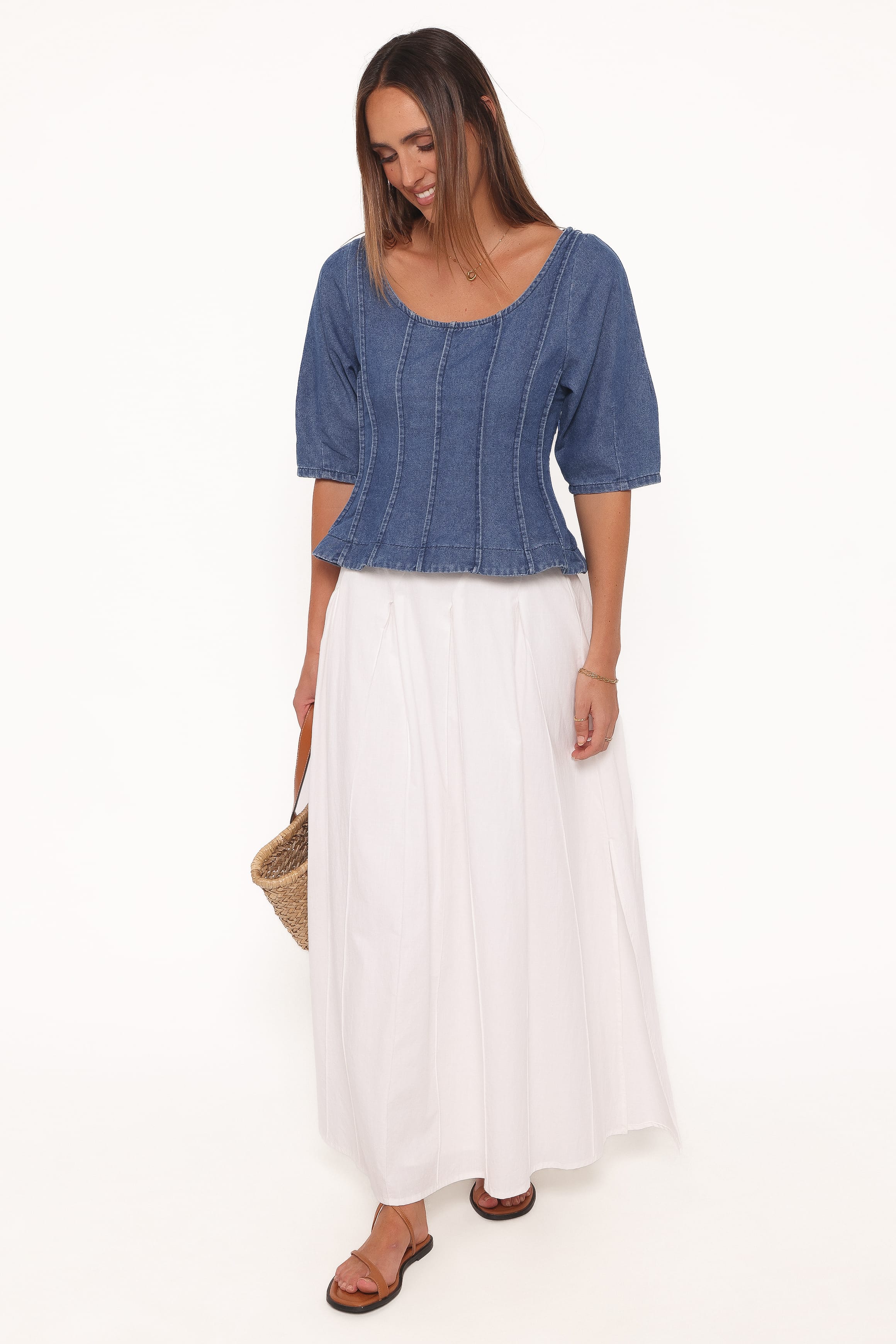 Saylor Denim Peplum Top - Blue Medium Wash - Image 4