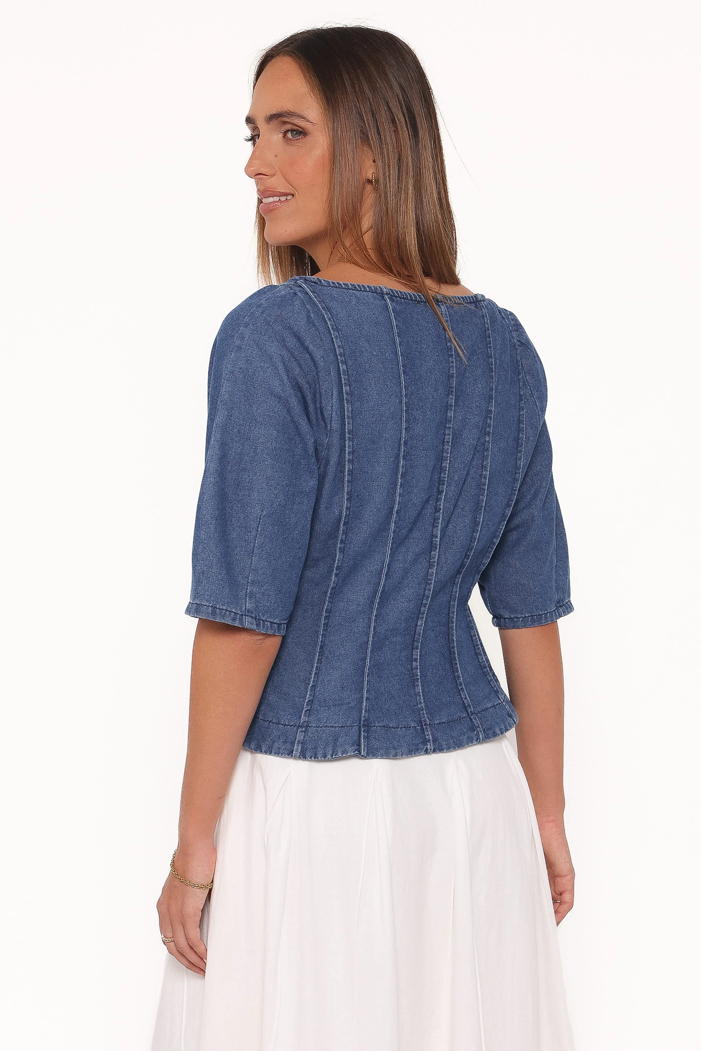 Saylor Denim Peplum Top - Blue Medium Wash - Image 5