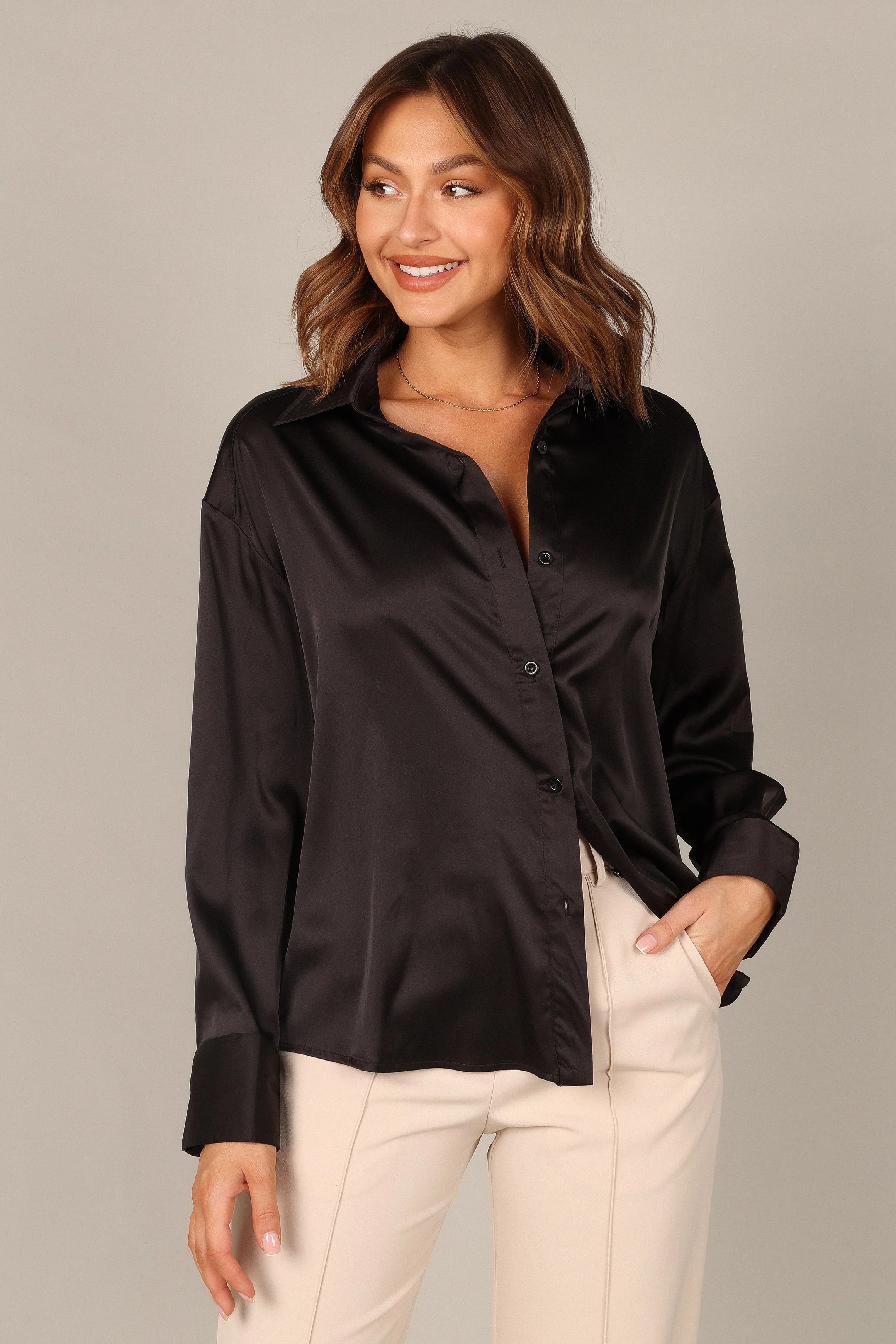 Selena Satin Button Down Top - Black - Image 5