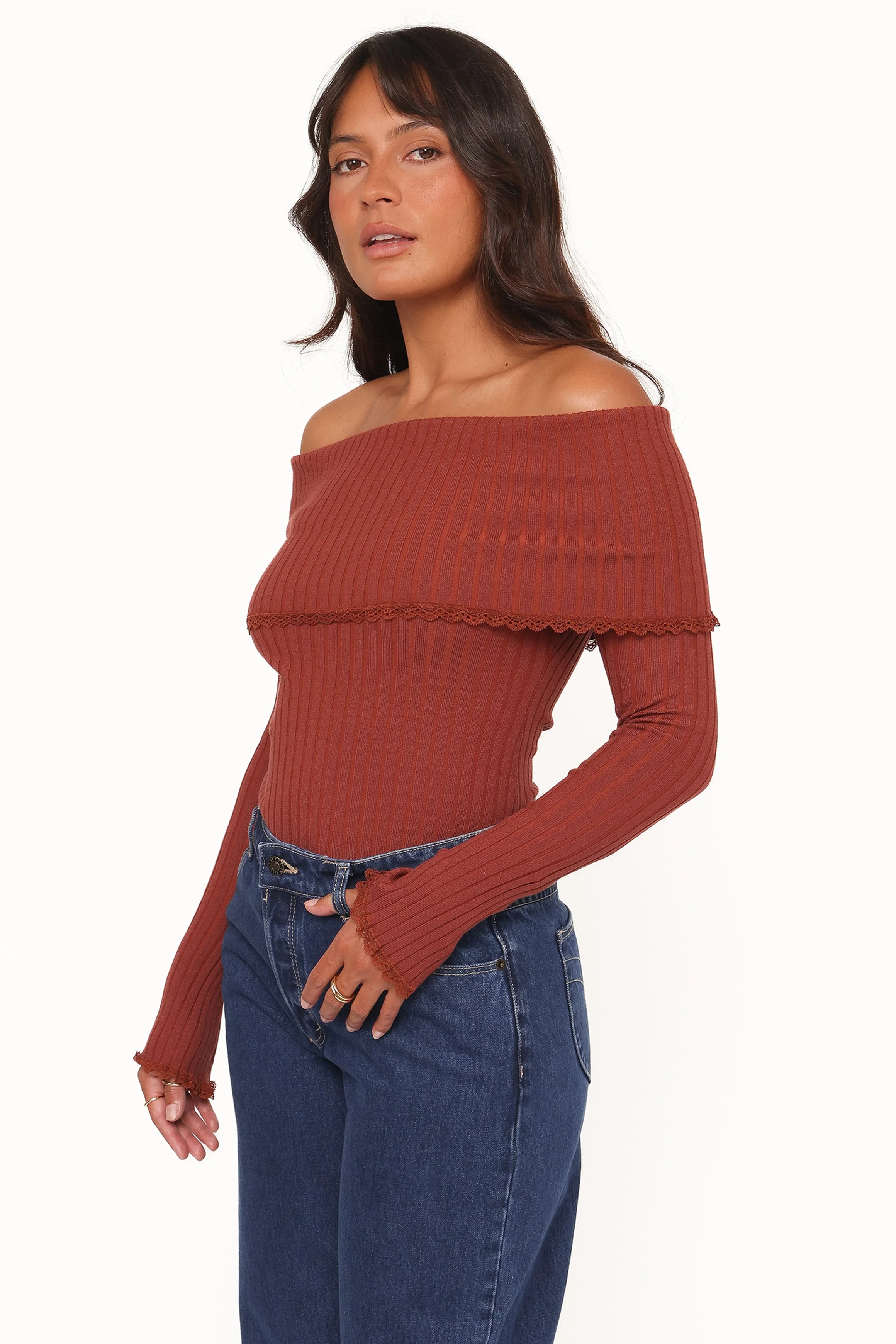 Sirmione Off Shoulder Pointelle Top - Burgundy - Image 4