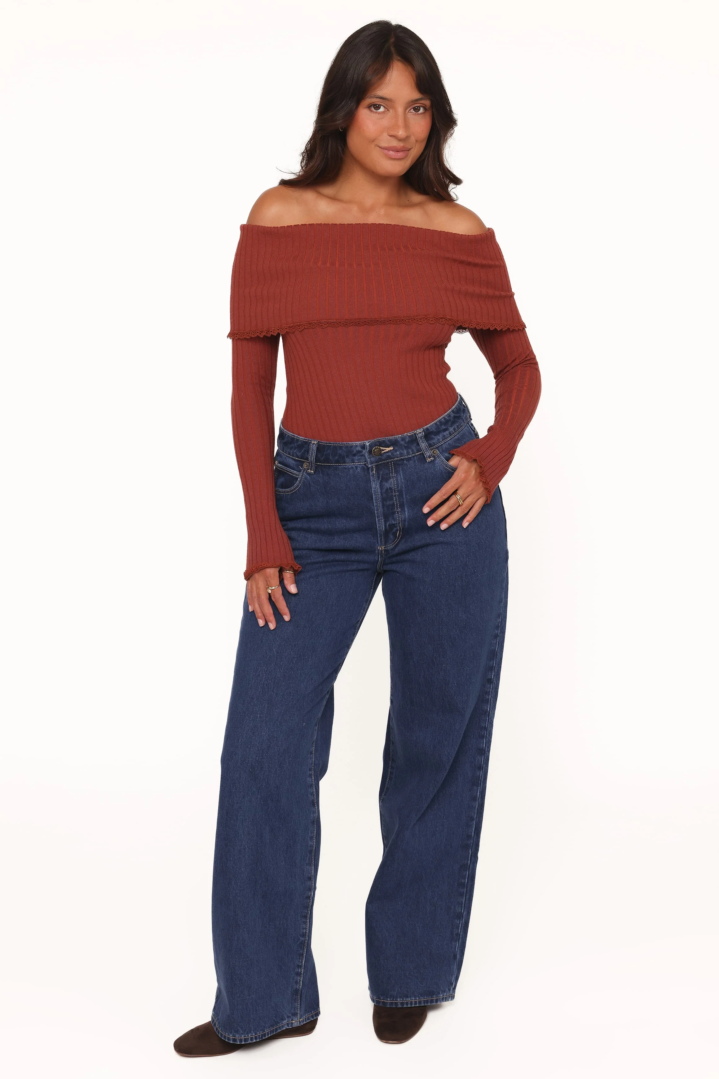 Sirmione Off Shoulder Pointelle Top - Burgundy - Image 6
