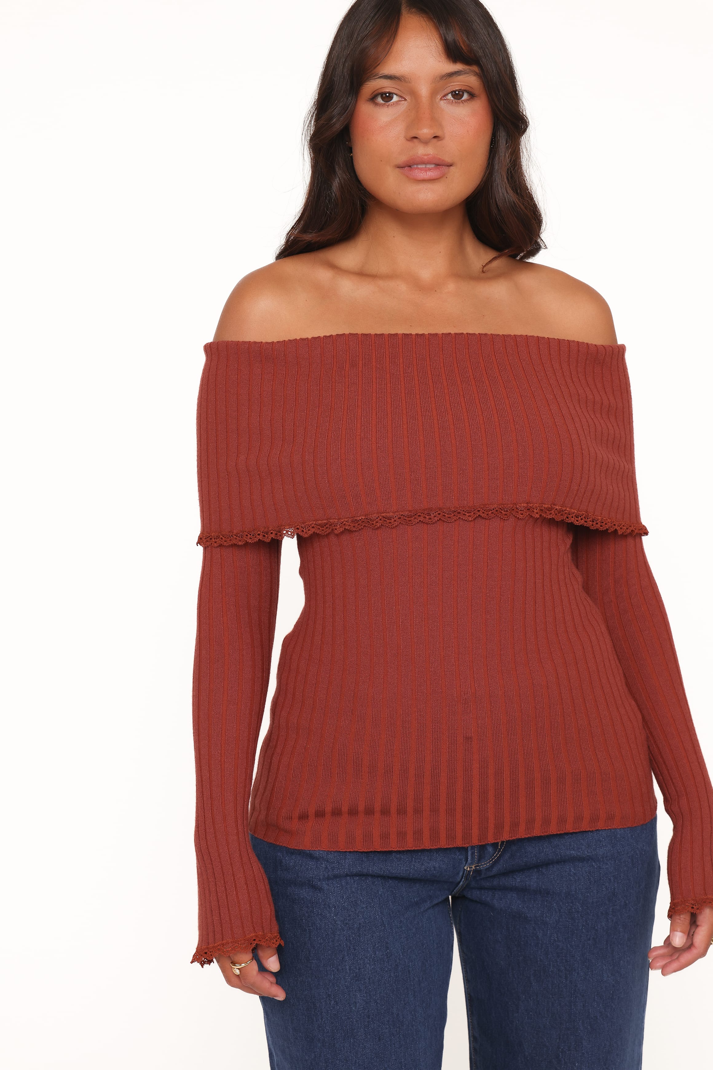 Sirmione Off Shoulder Pointelle Top - Burgundy - Image 7