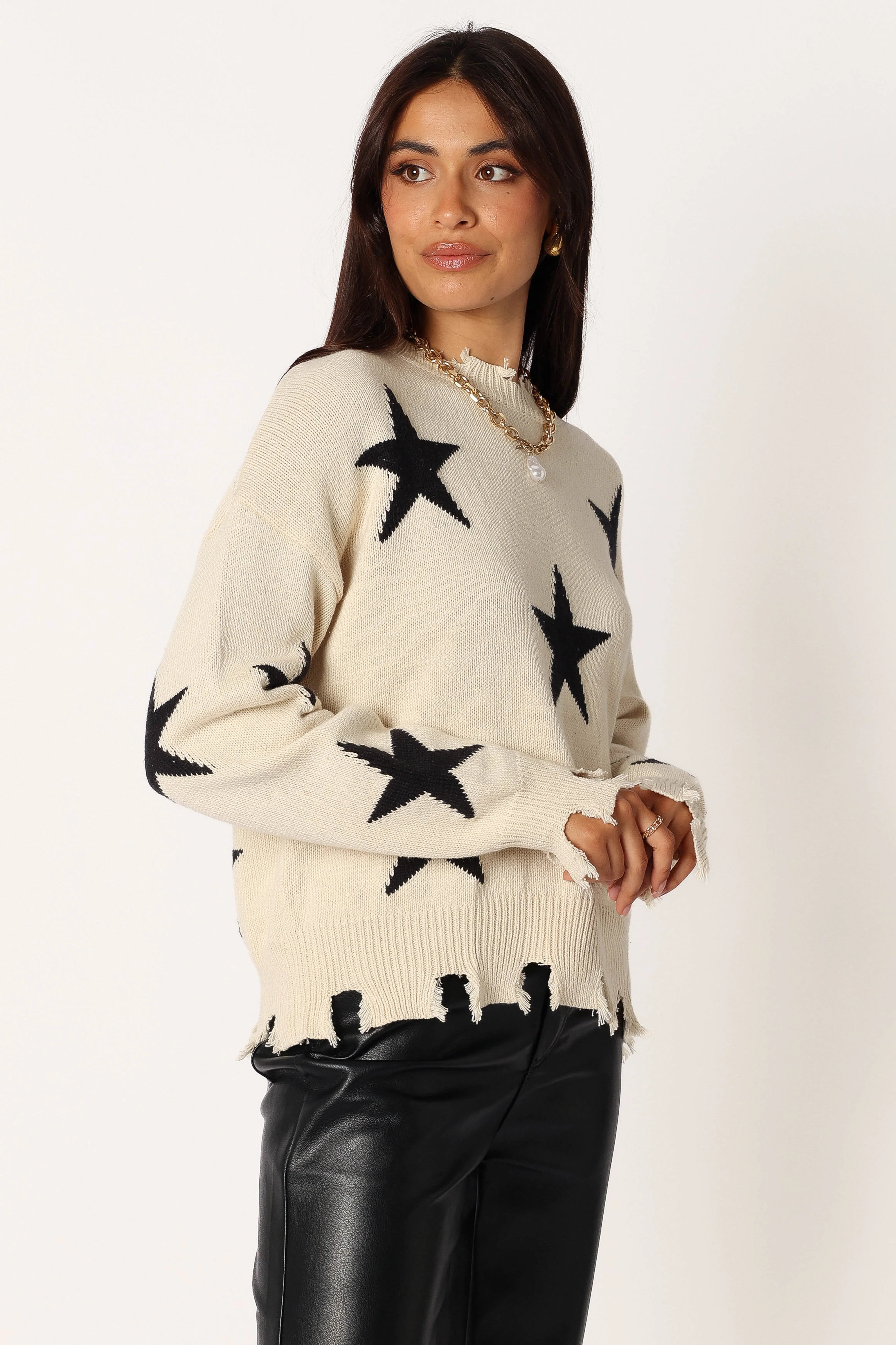 Star Printed Fray Detail Knit Sweater - Cream/Black - Image 5