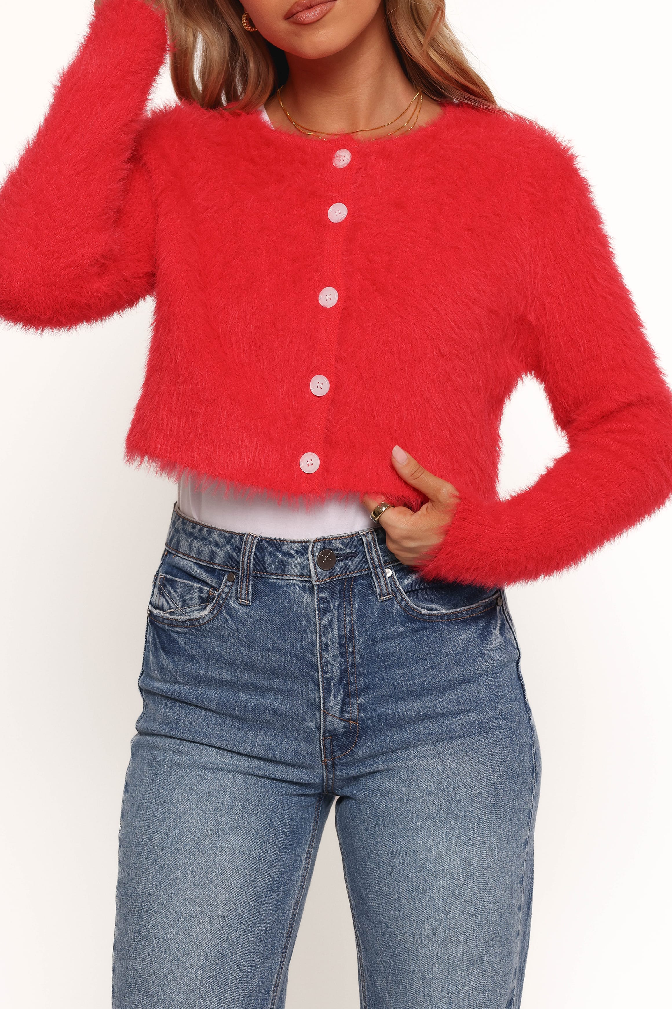 Tavan Crop Button Front Cardigan - Red - Image 7