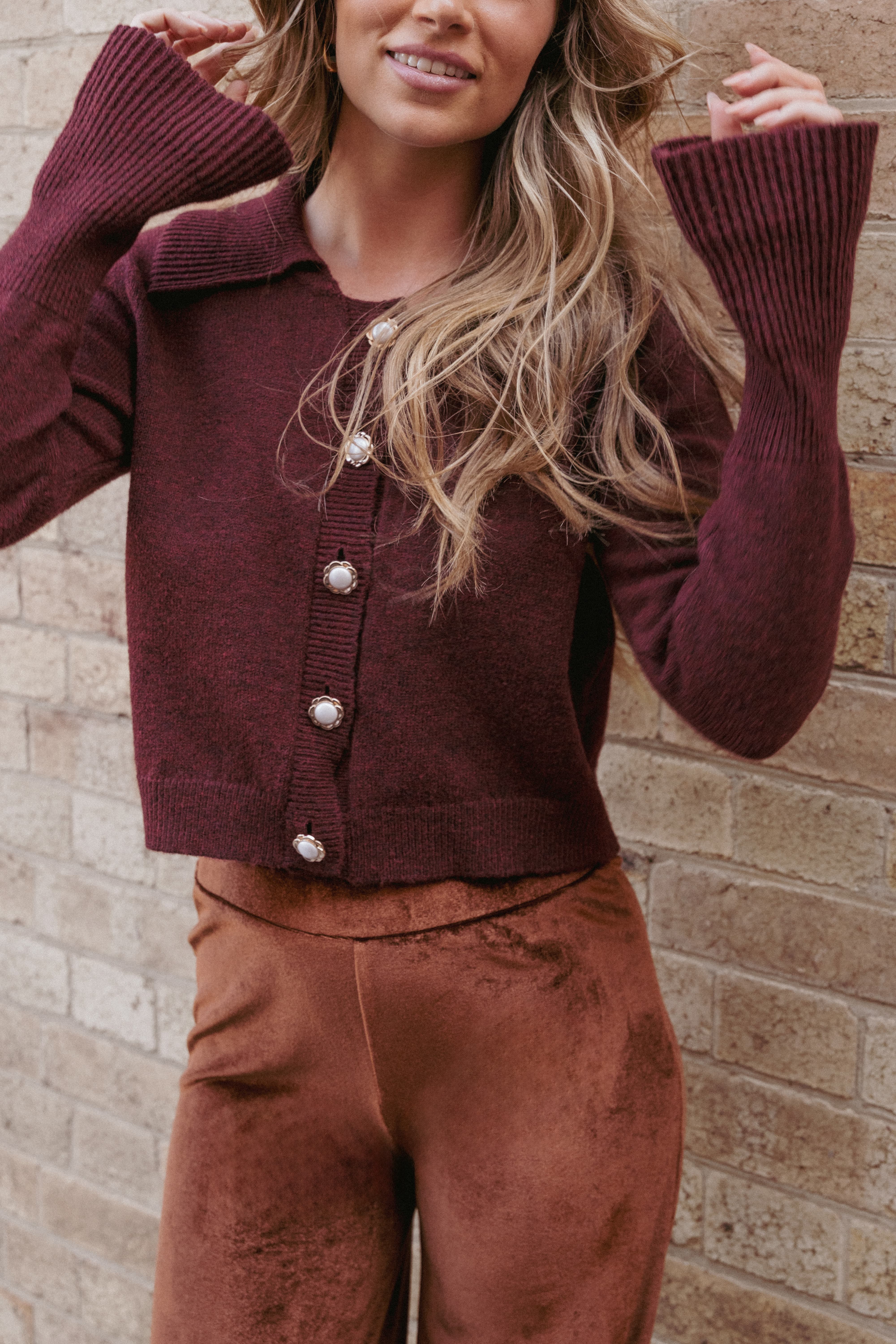 Thelma Trumpet Sleeve Cardigan - Cabernet - Image 8