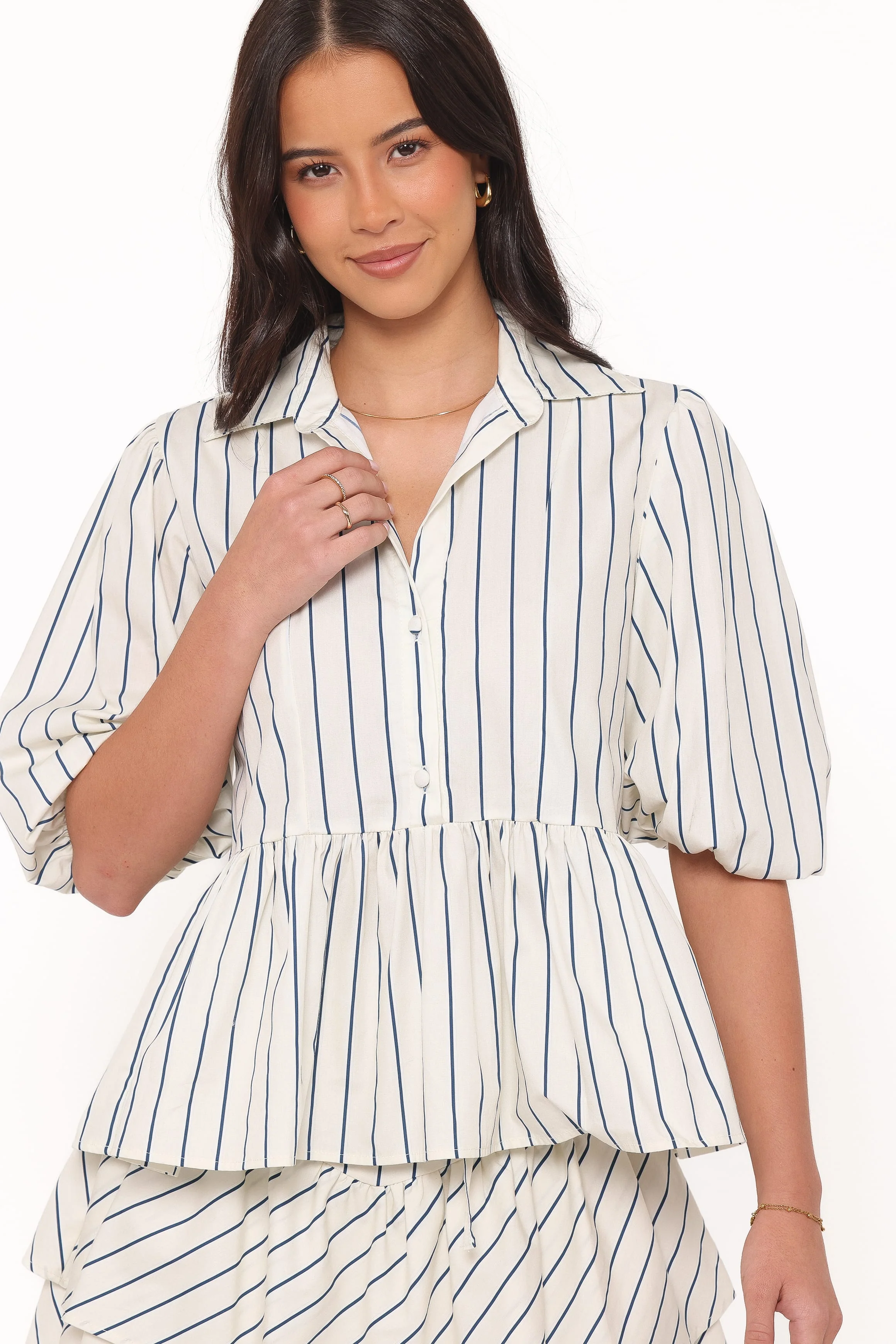 Thomas Short Sleeve Peplum Top - Yellow/Blue Stripe - Image 2