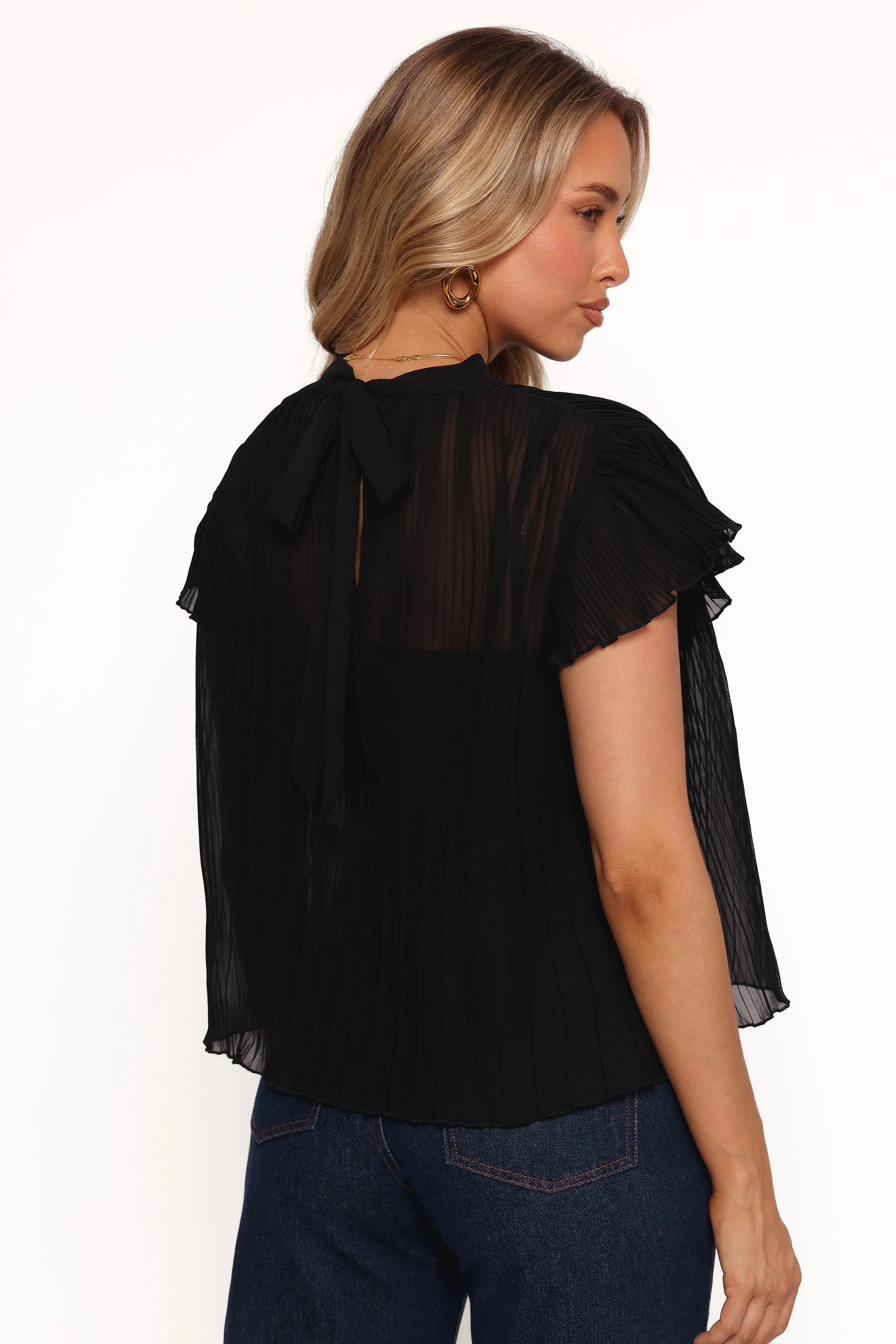 Topia Pleated Flutter Sleeve Top - Black - Image 4