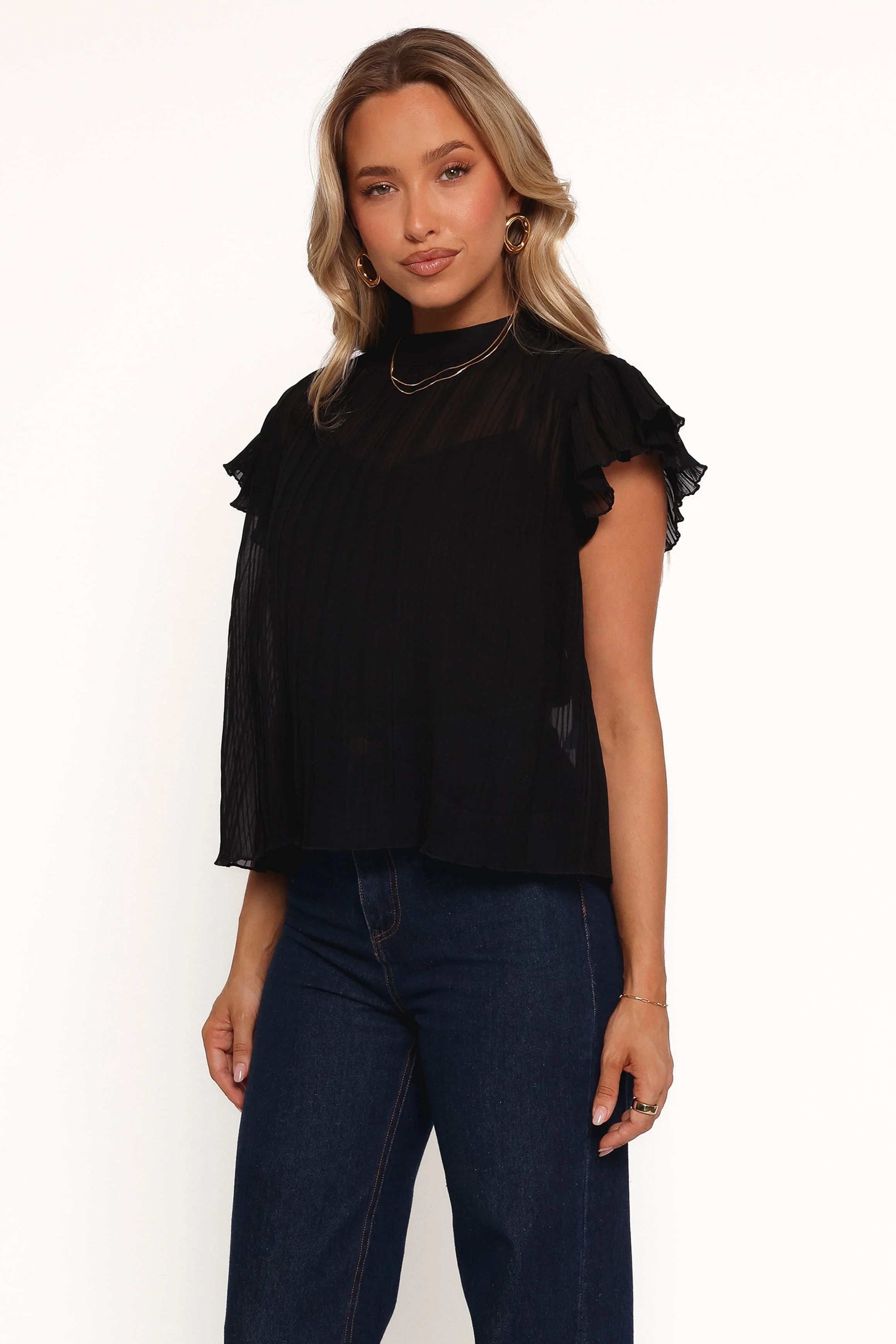 Topia Pleated Flutter Sleeve Top - Black - Image 5