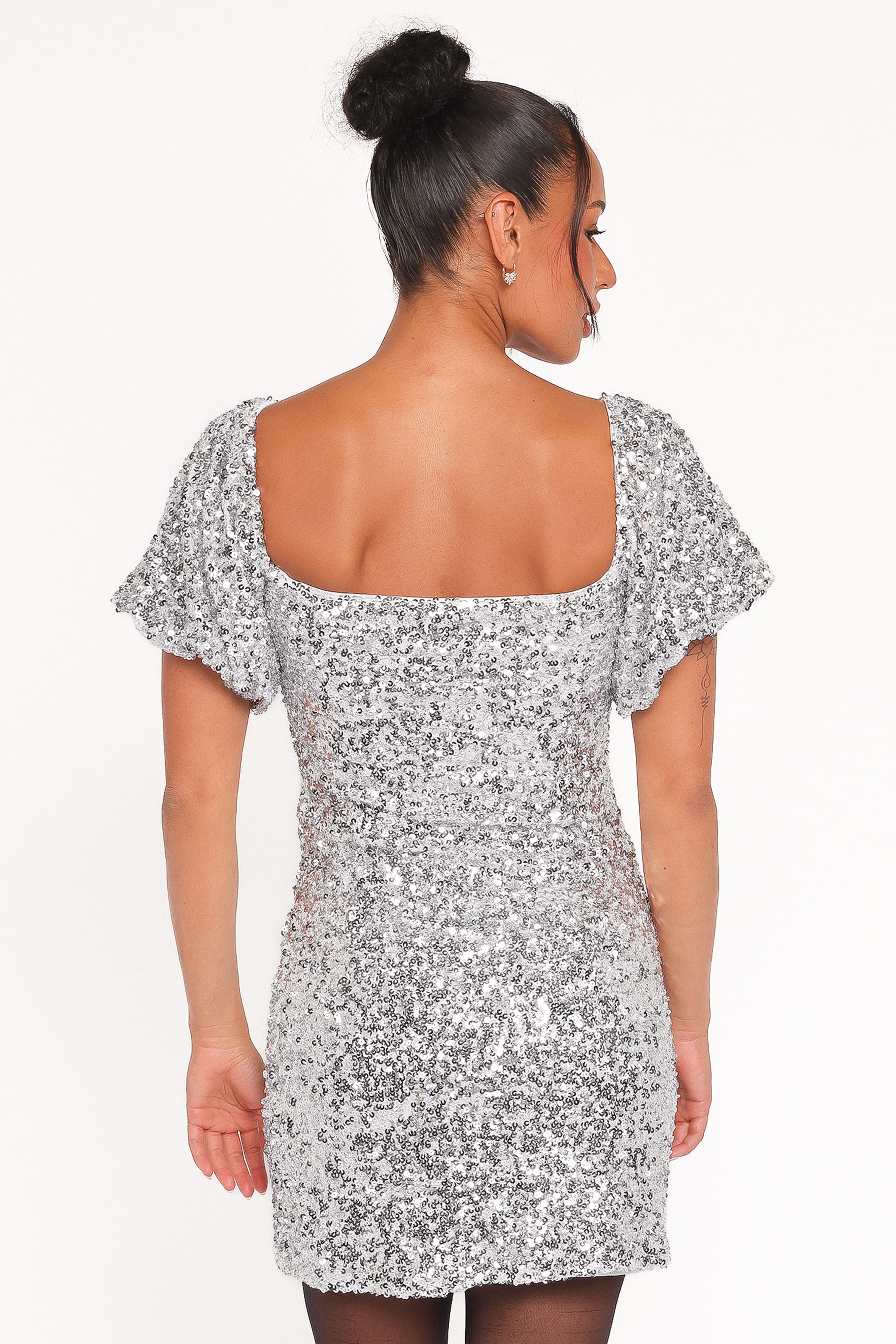 Tory Off Shoulder Sequin Mini Dress - Silver - Image 5