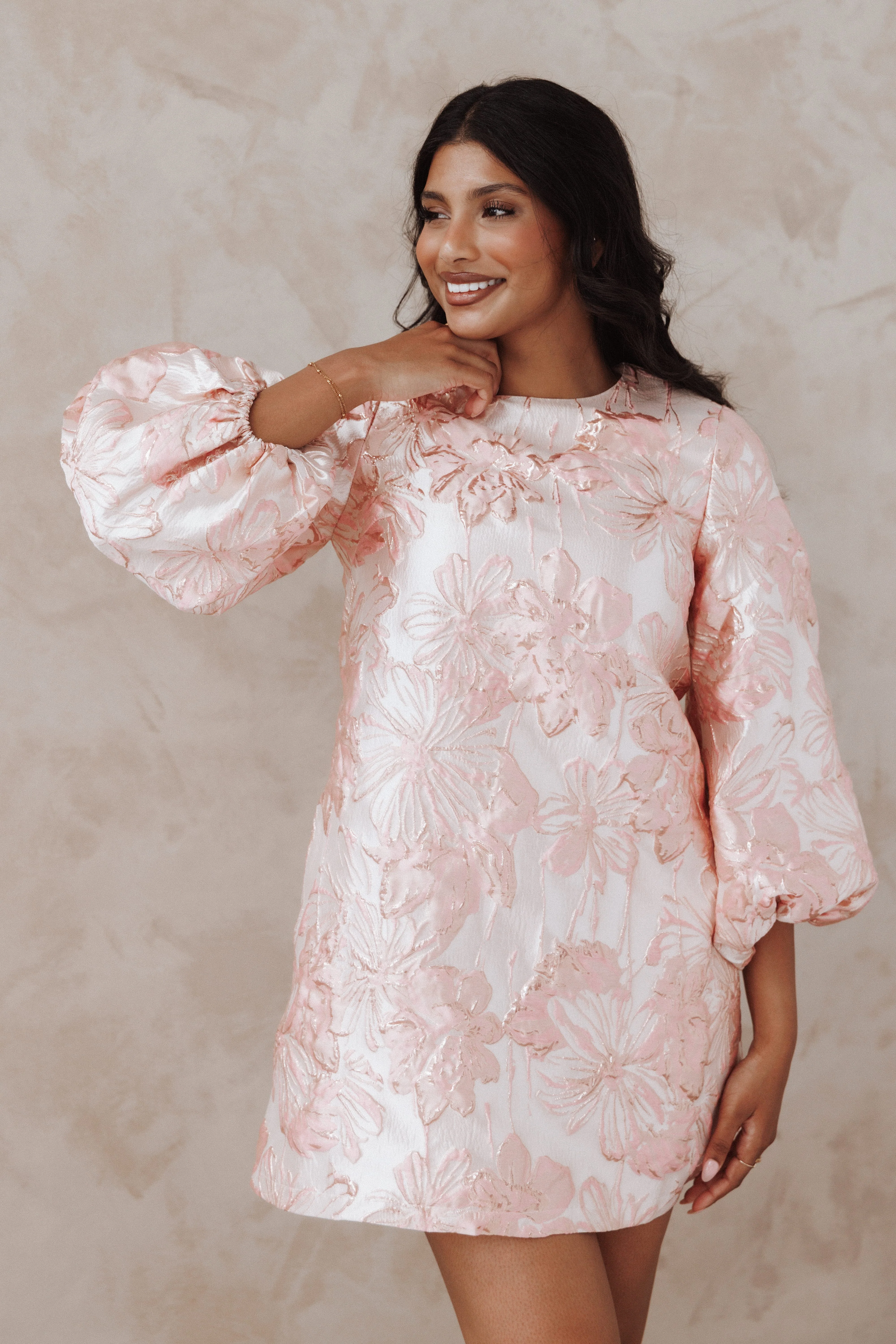 Treloar Long Sleeve Mini Dress - Pink Brocade - Image 9