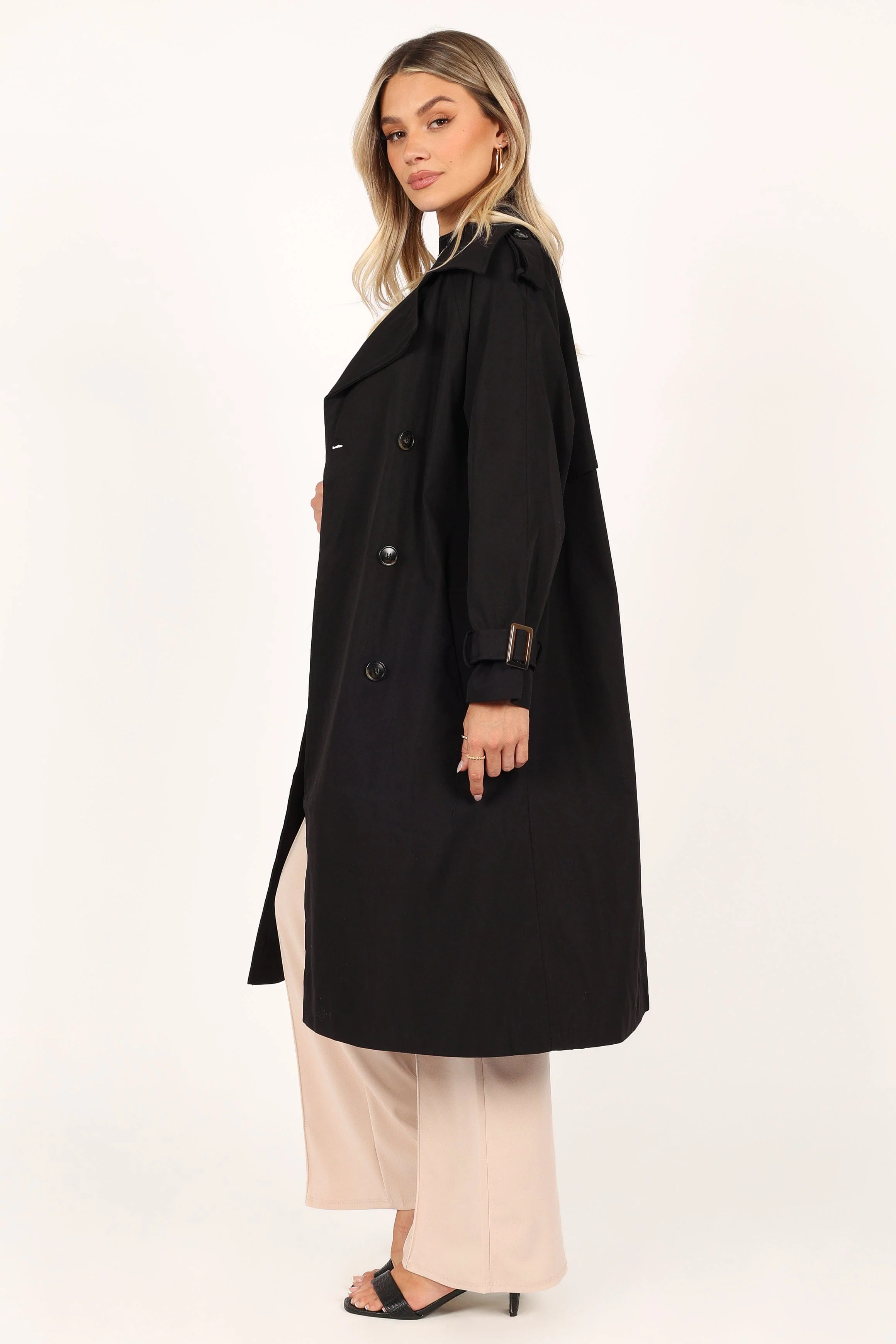 Trina Button Front Trench Coat - Black - Image 3