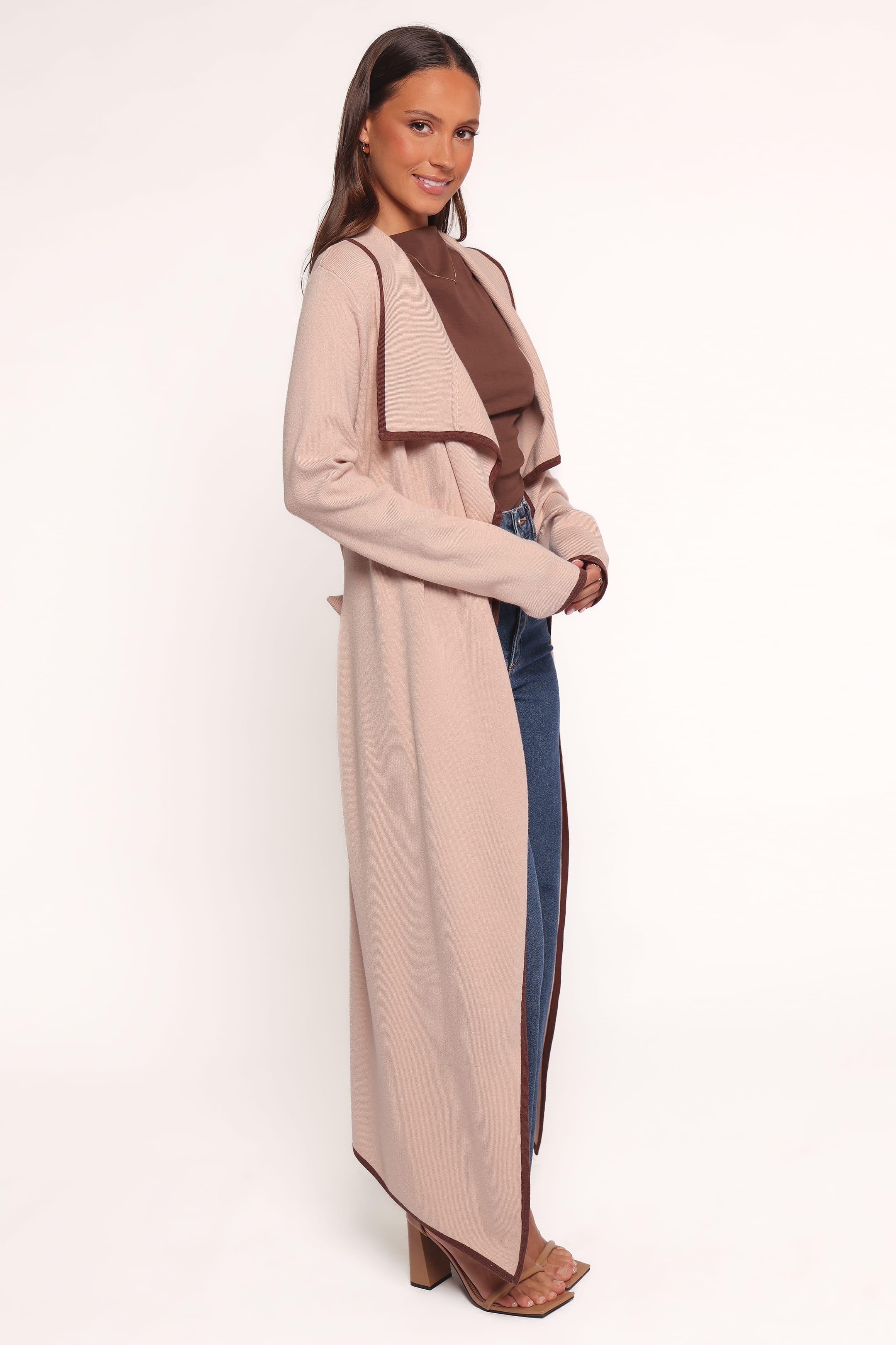 Vallis Contrast Trim Long Cardigan - Beige - Image 3