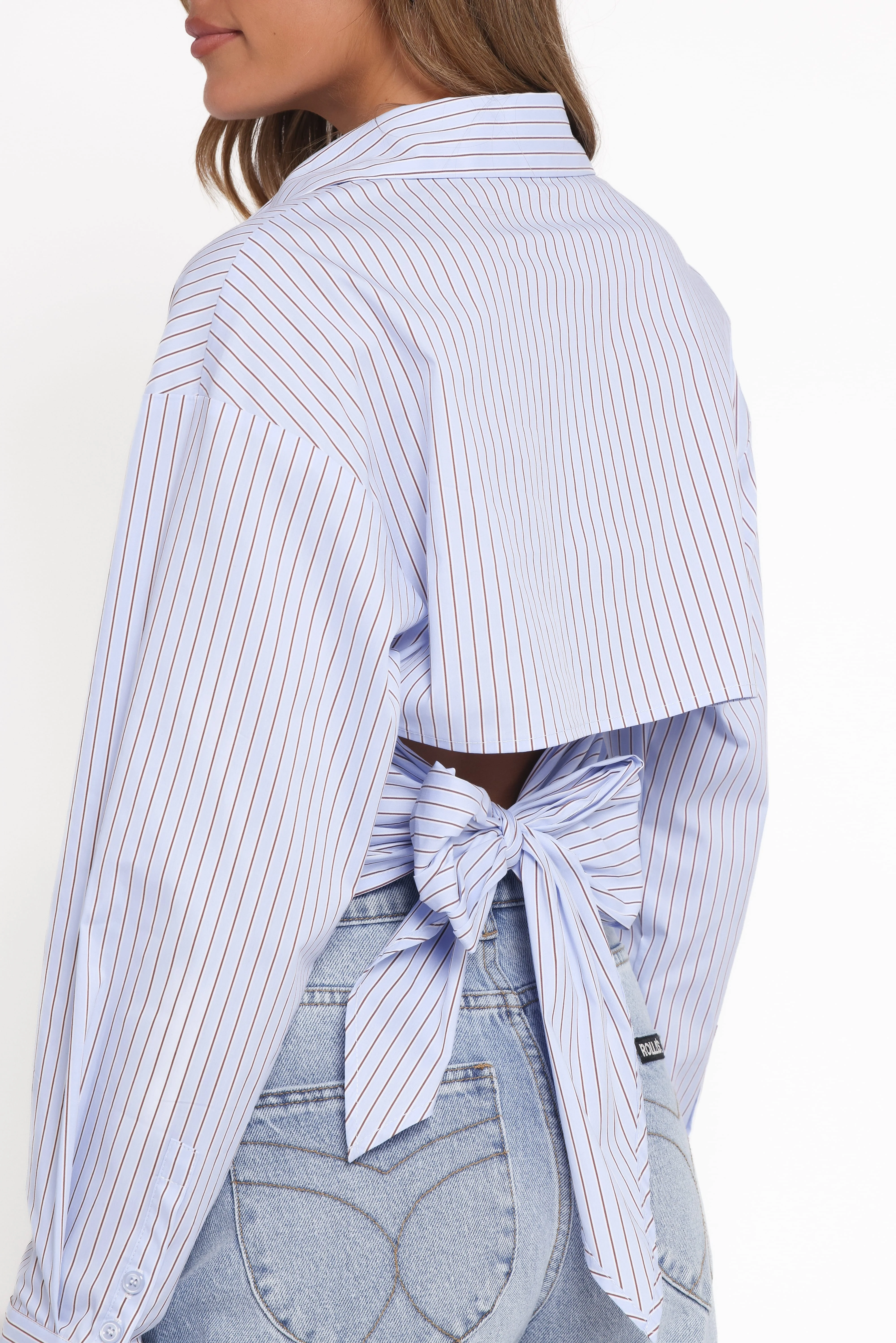 Vienne Tie Back Button Up Shirt - Blue/Brown Stripe - Image 3