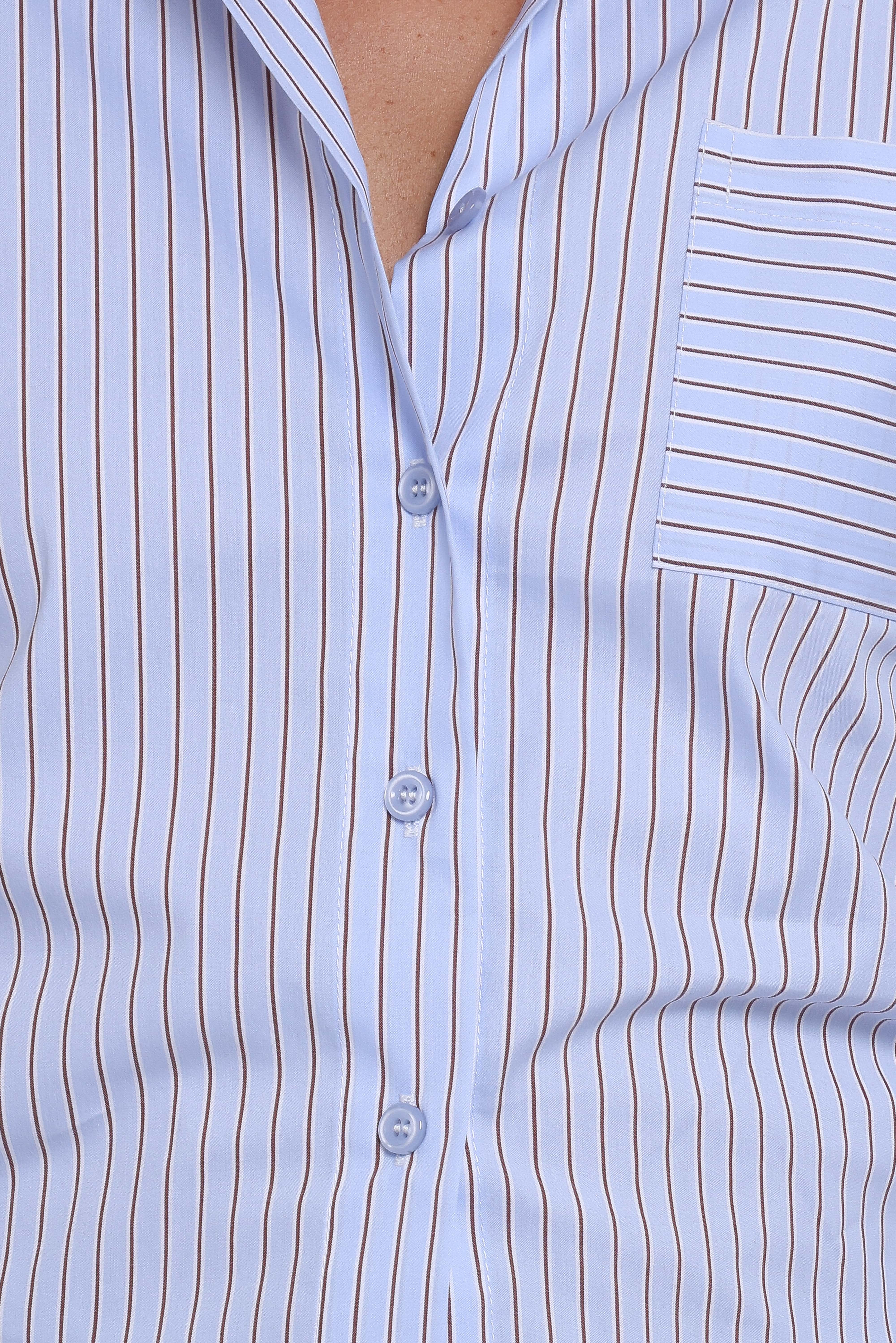 Vienne Tie Back Button Up Shirt - Blue/Brown Stripe - Image 8