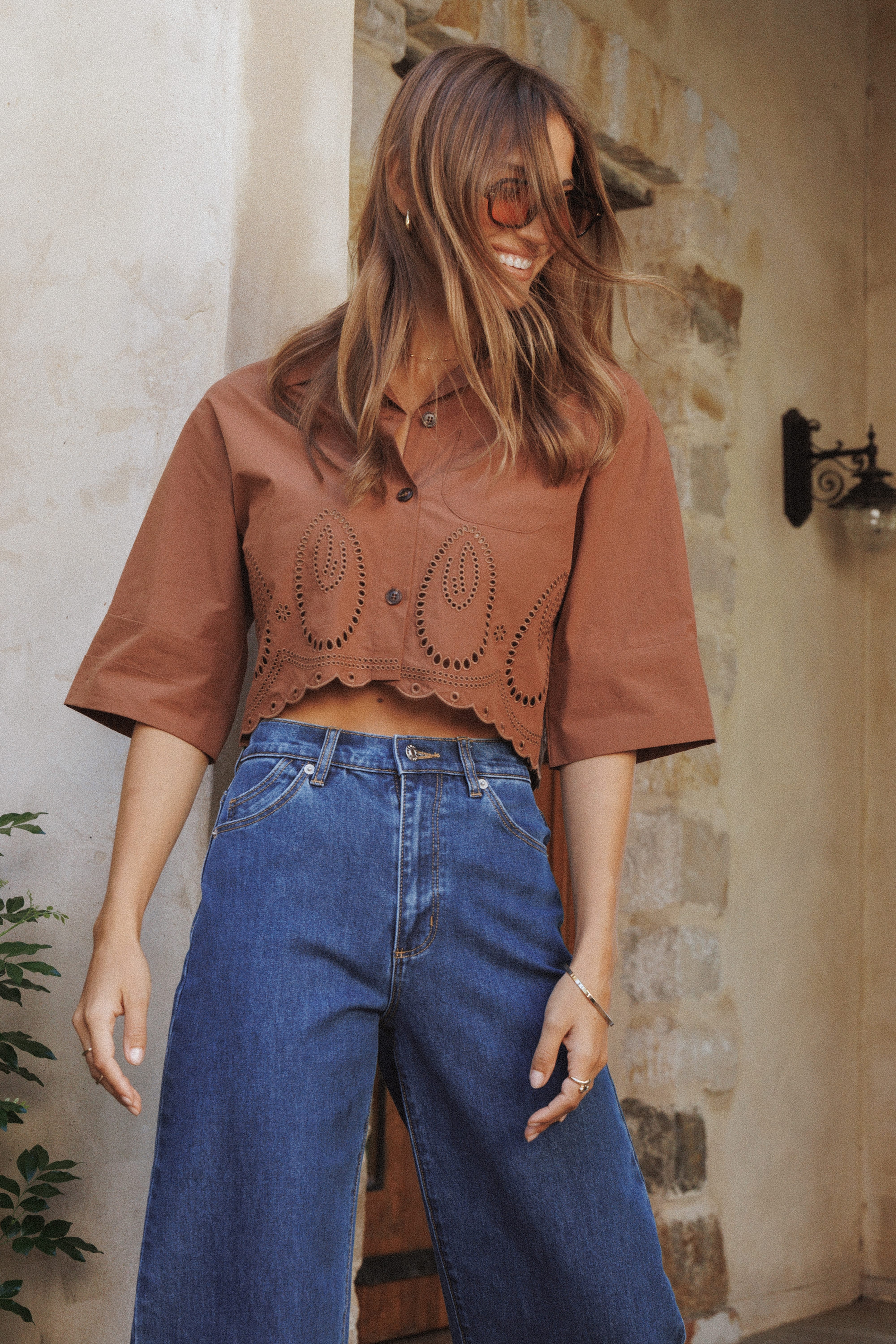 Williams Cropped Eyelet Button Up Shirt - Brown - Image 8