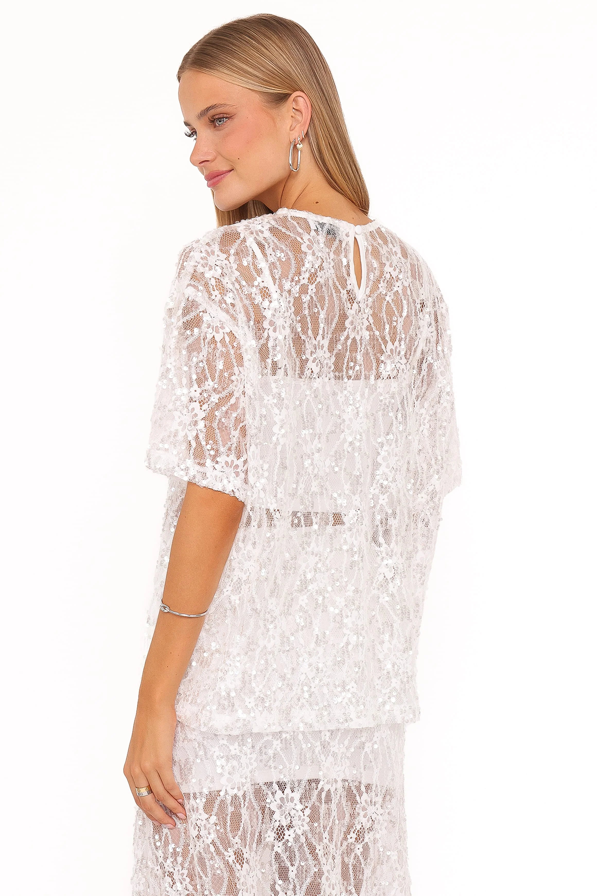 Yonder Sheer Lace Tee Top - White - Image 5