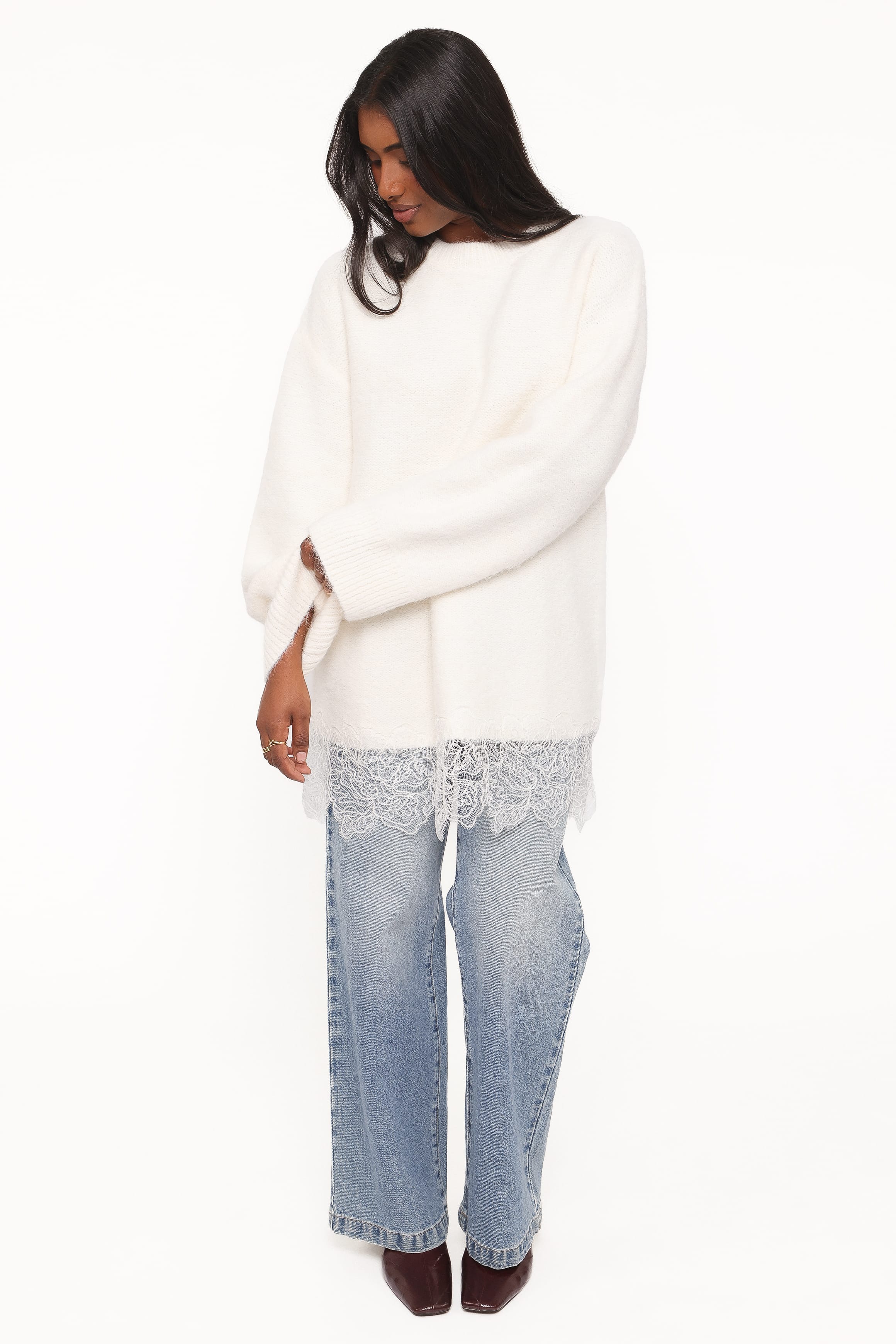 Zela Lace Trimmed Fluffy Jumper - Cream - Image 2