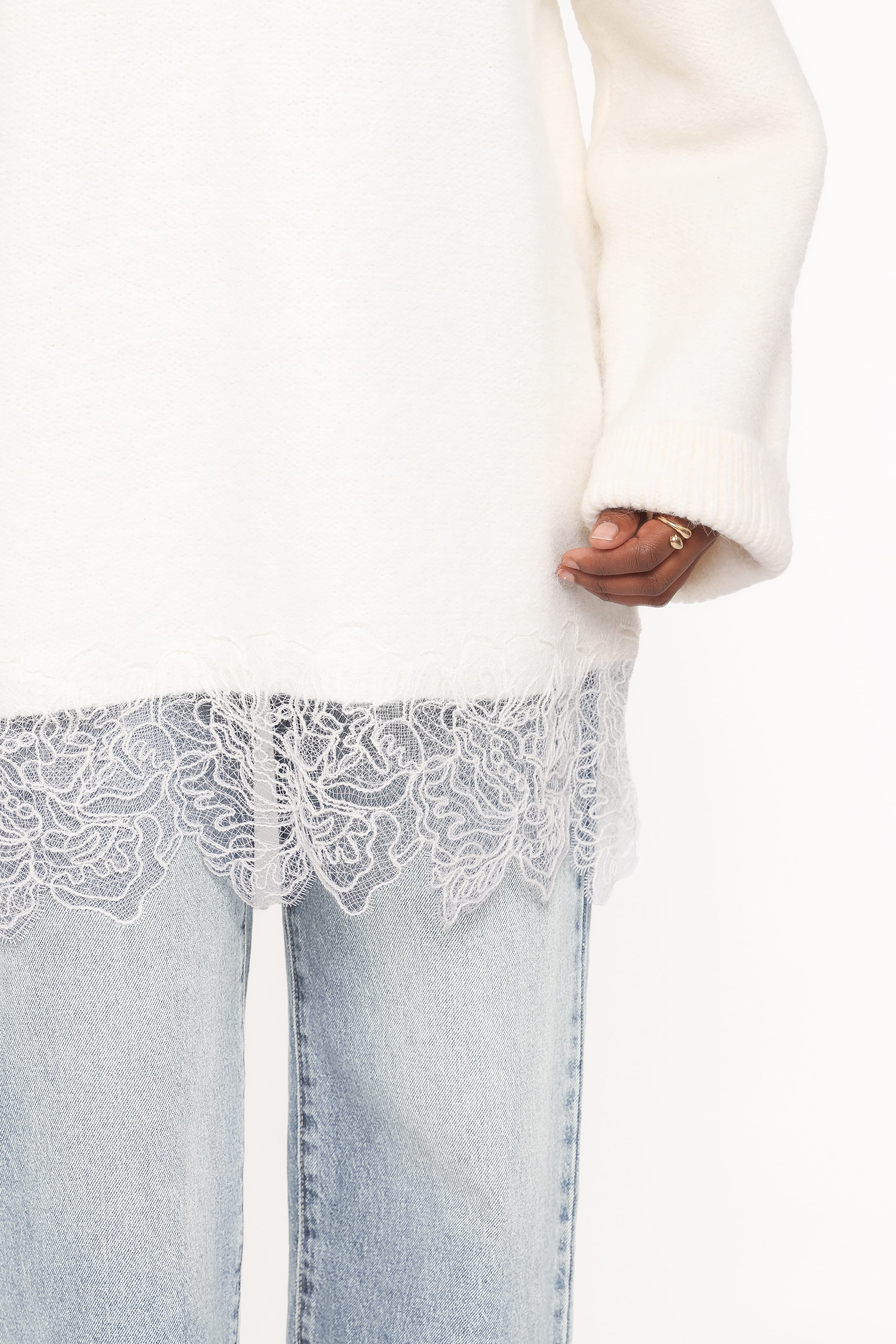 Zela Lace Trimmed Fluffy Jumper - Cream - Image 6